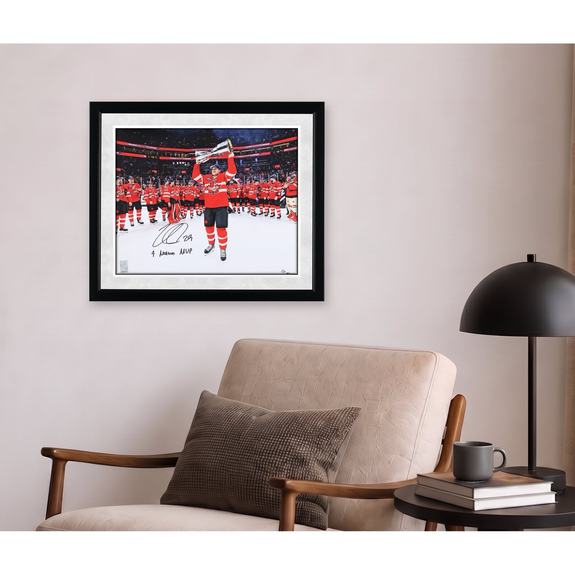 Nathan MacKinnon Canada Autographed 16" x 20" 4 Nations Face-Off Champions Celebration Photograph with "4 Nations MVP" Inscription - Limited Edition of 25