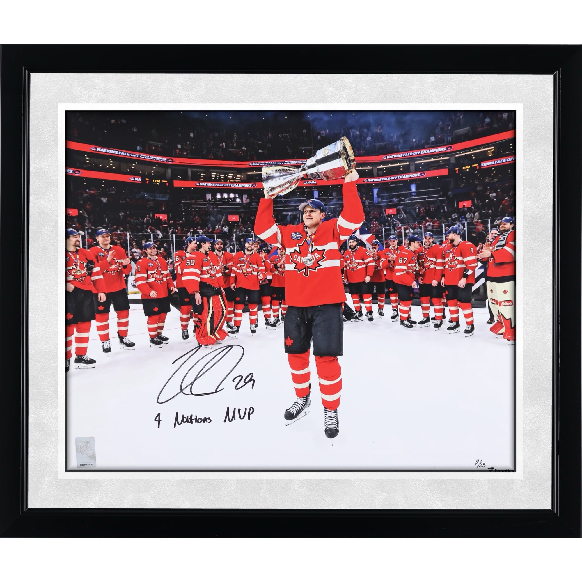 Nathan MacKinnon Canada Autographed 16" x 20" 4 Nations Face-Off Champions Celebration Photograph with "4 Nations MVP" Inscription - Limited Edition of 25