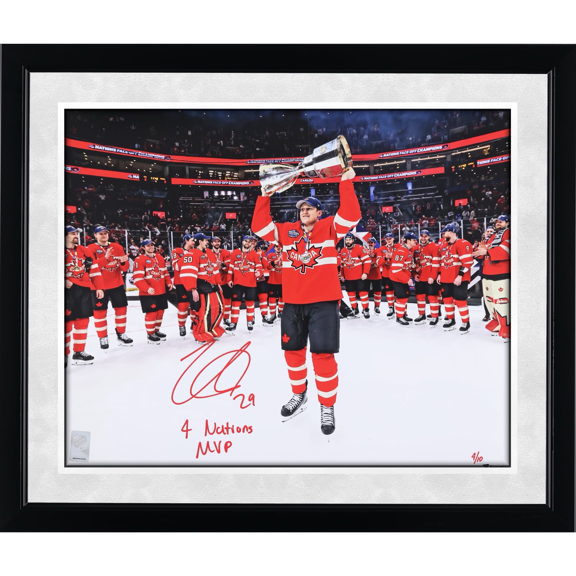 Nathan MacKinnon Canada Autographed 16" x 20" 4 Nations Face-Off Champions Celebration Photograph with "4 Nations MVP" Inscription - Signed in Red Ink - Limited Edition of 10