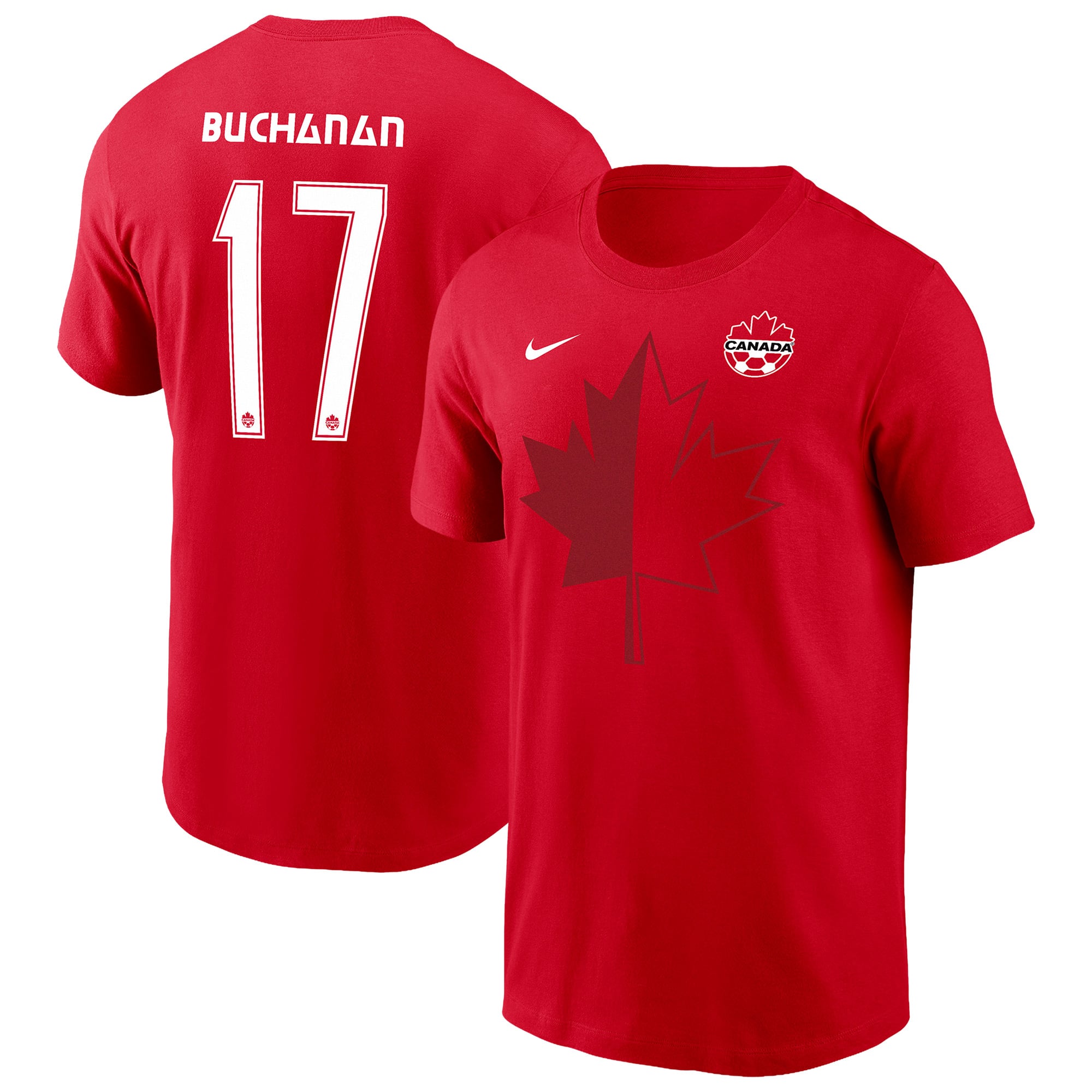 T-shirt Nike Tajon Buchanan rouge Canada Soccer pour homme, avec nom et numéro