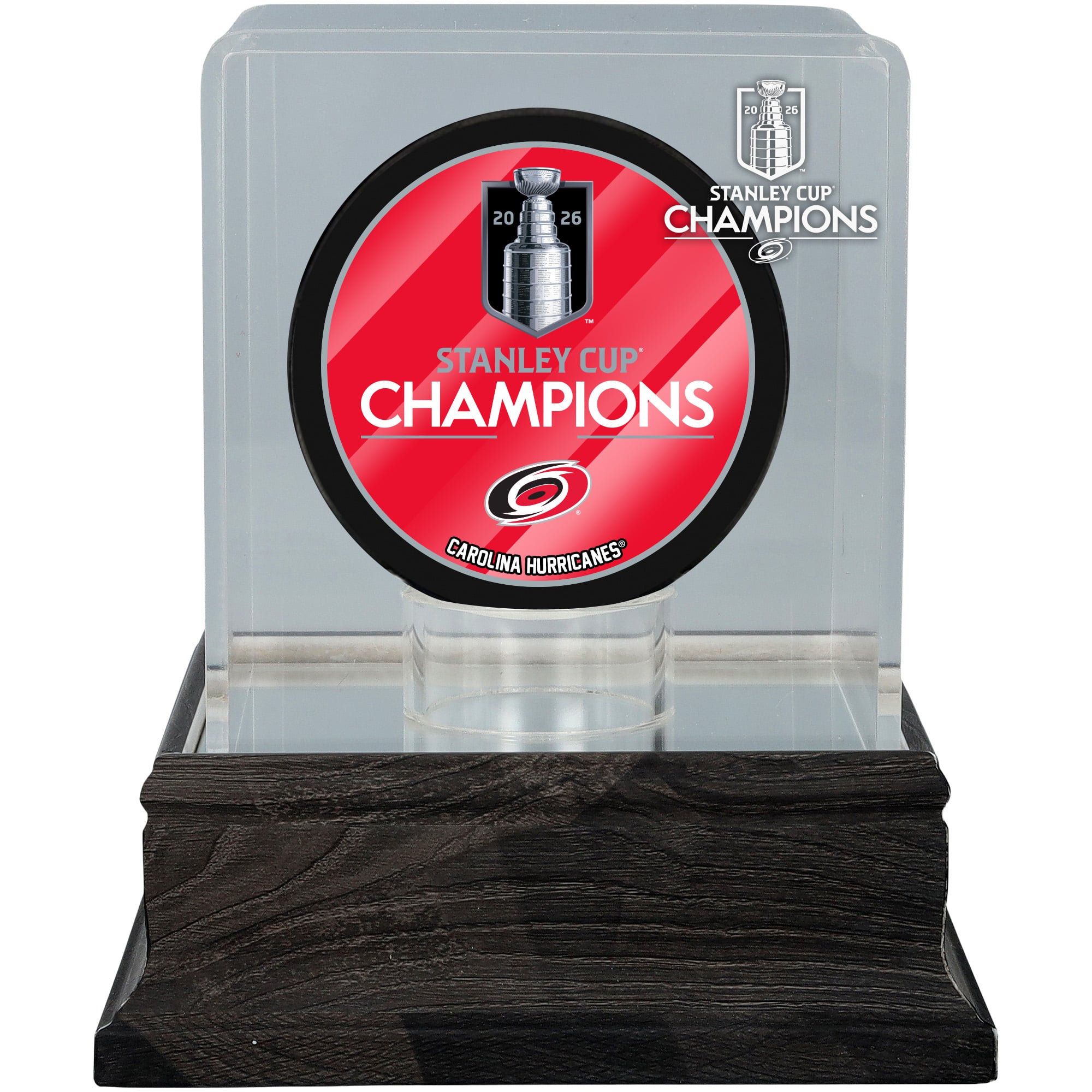 Vitrine pour rondelle de hockey anthracite avec logo des Hurricanes de la Caroline, champions de la Coupe Stanley 2026 - Protection UV
