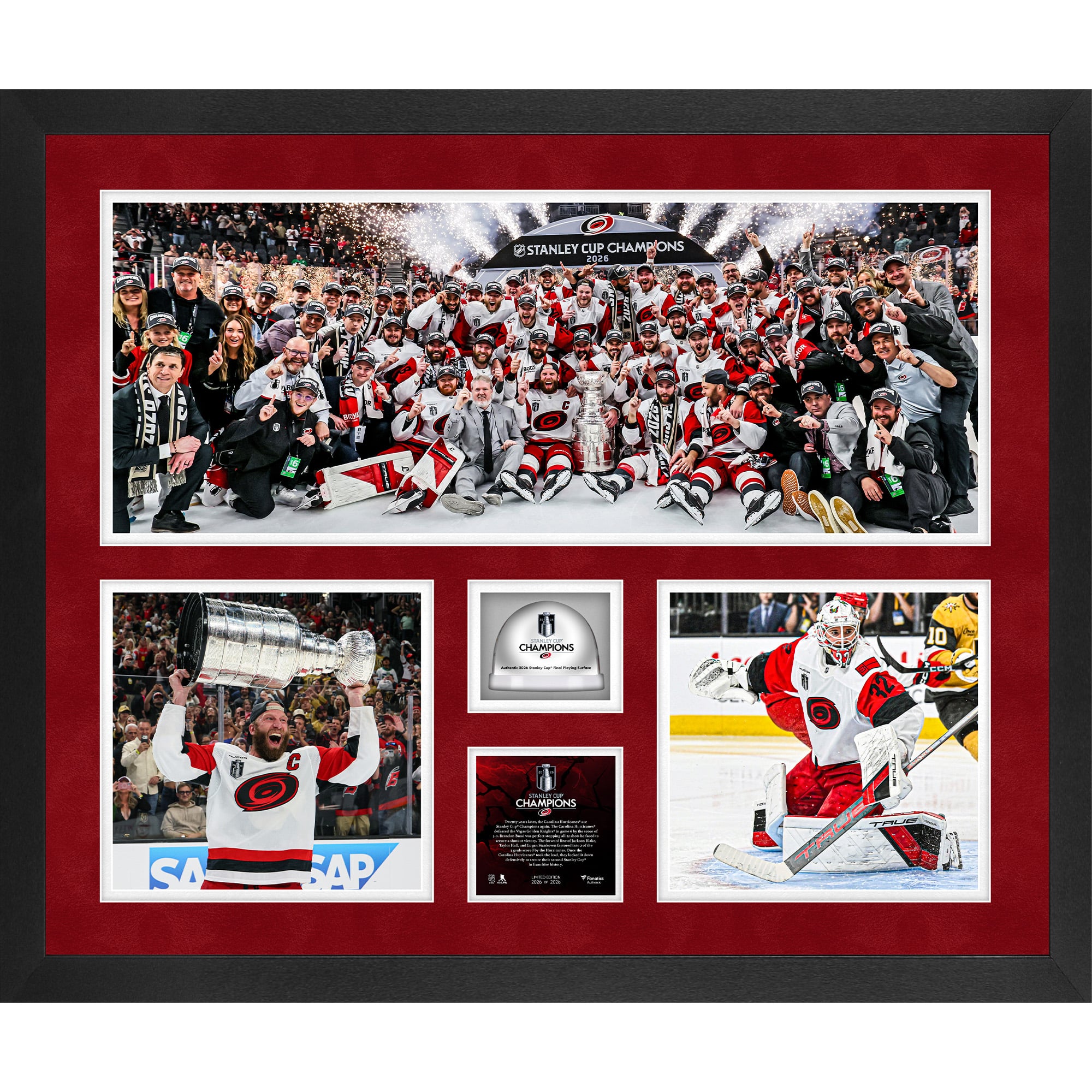 Hurricanes de la Caroline, champions de la Coupe Stanley 2026 : collage encadré de 3 photos (51 x 61 cm) avec de la glace utilisée lors de la finale de la Coupe Stanley 2026 – Édition limitée à 2026 exemplaires