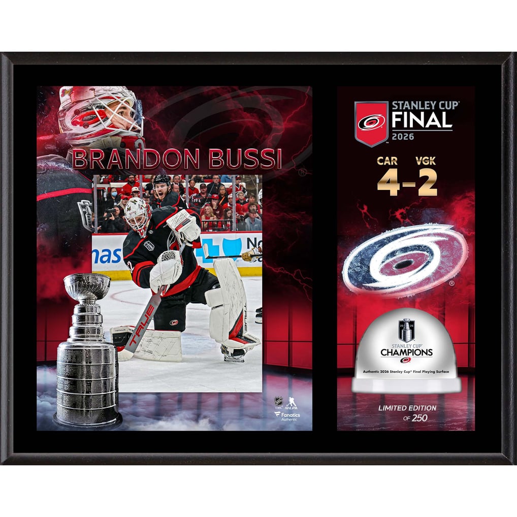Brandon Bussi Carolina Hurricanes Fanatics Authentic 2026 Stanley Cup Champions 12'' x 15'' Sublimated Plaque with Game-Used Ice from the 2026 Stanley Cup Final - Limited Edition of 250