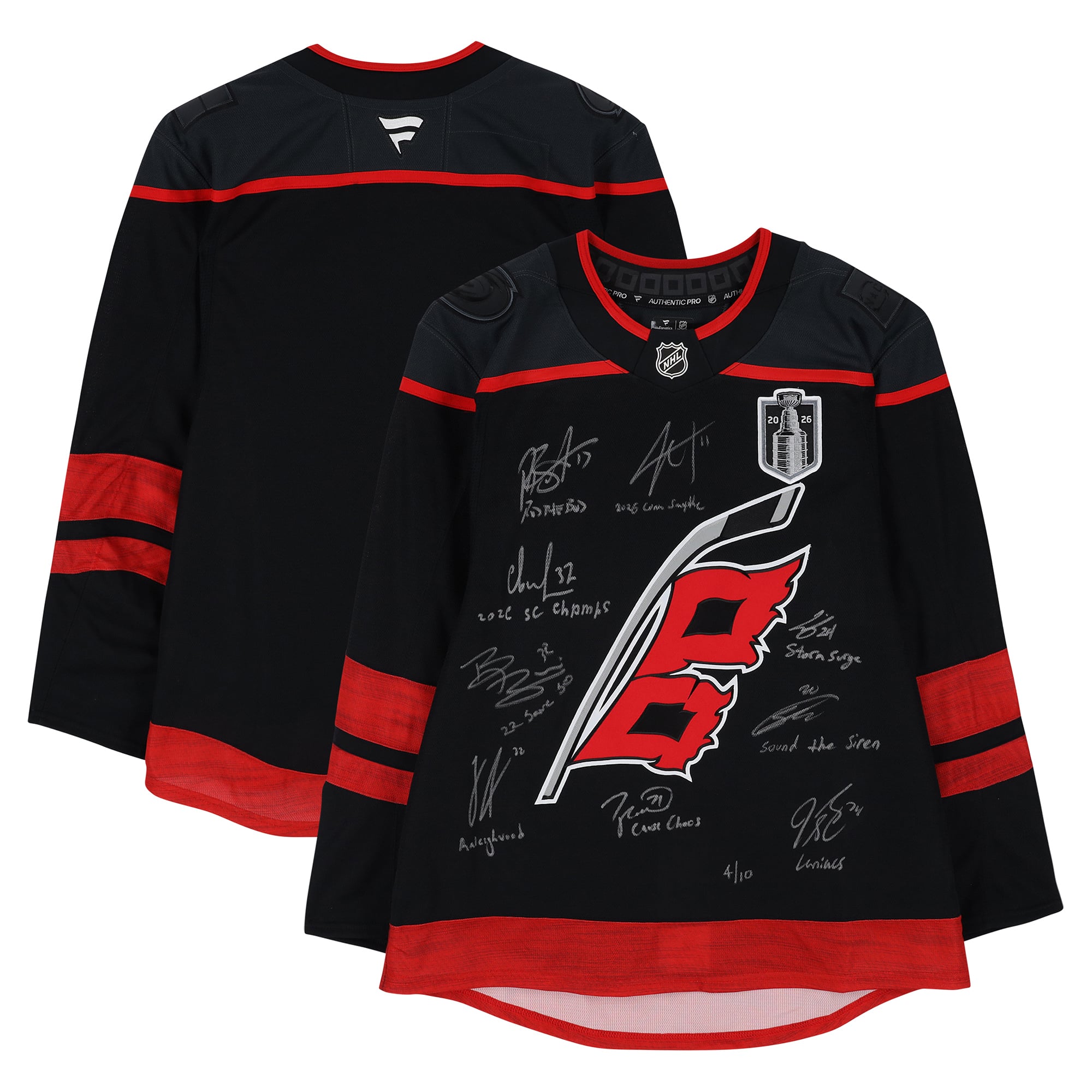 Maillot authentique Fanatics Pro noir des Hurricanes de la Caroline, champions de la Coupe Stanley 2026, autographié et comportant de multiples signatures et inscriptions - Édition limitée à 10 exemplaires