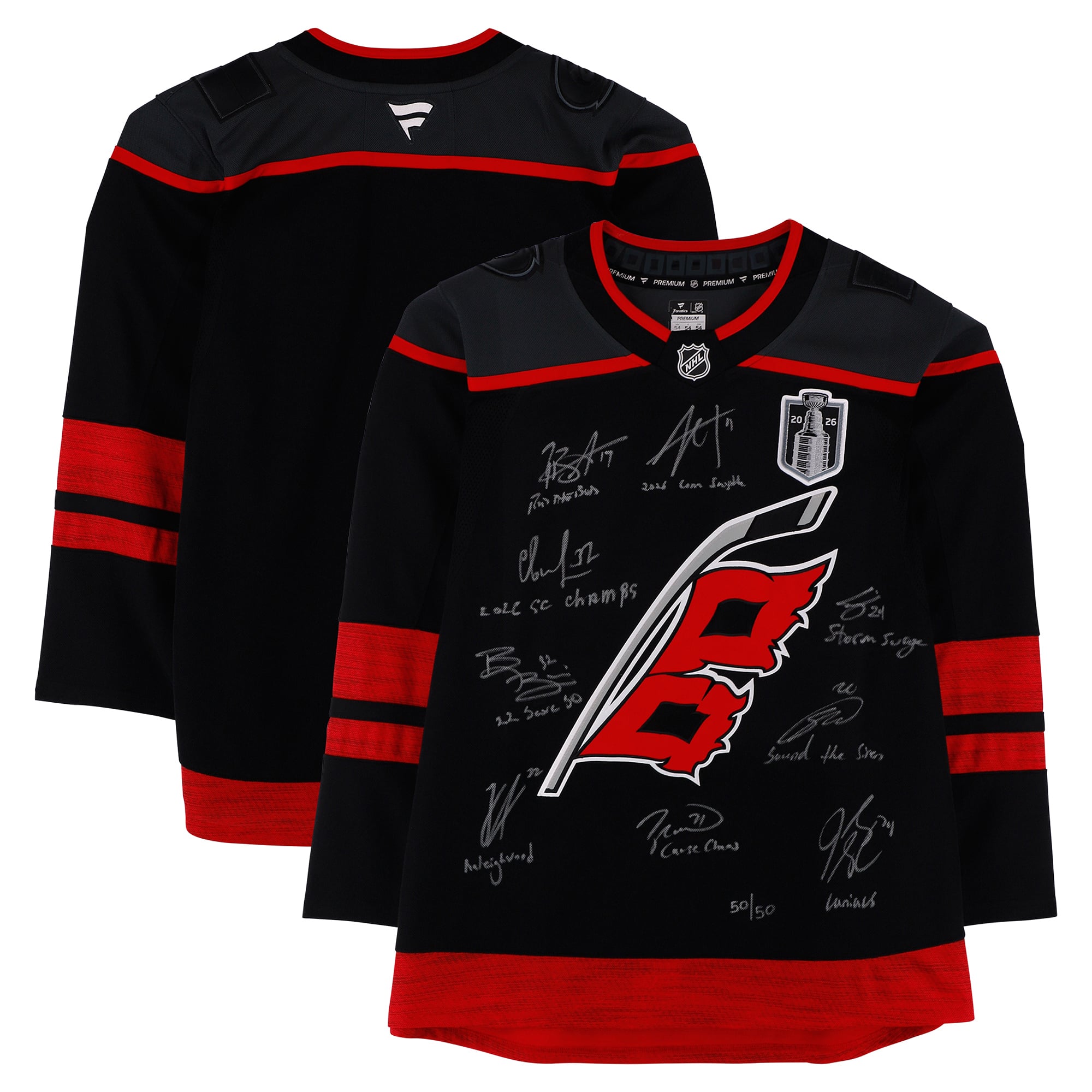 Maillot noir Fanatics Premium des Hurricanes de la Caroline, champions de la Coupe Stanley 2026, autographié et comportant de multiples signatures et inscriptions - Édition limitée n° 50/50