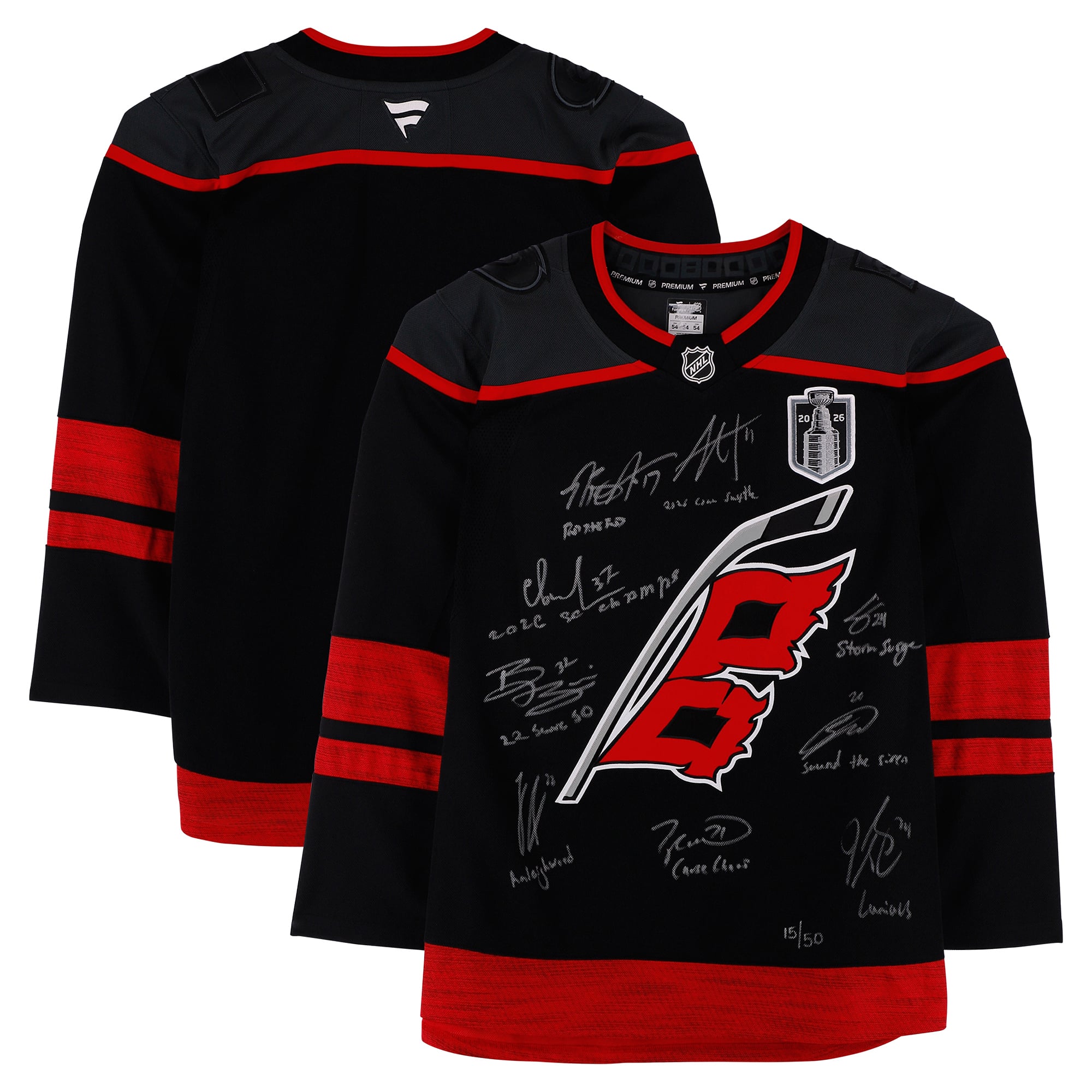 Maillot noir Fanatics Premium des Hurricanes de la Caroline, champions de la Coupe Stanley 2026, autographié et comportant de multiples signatures et inscriptions - Édition limitée à 50 exemplaires
