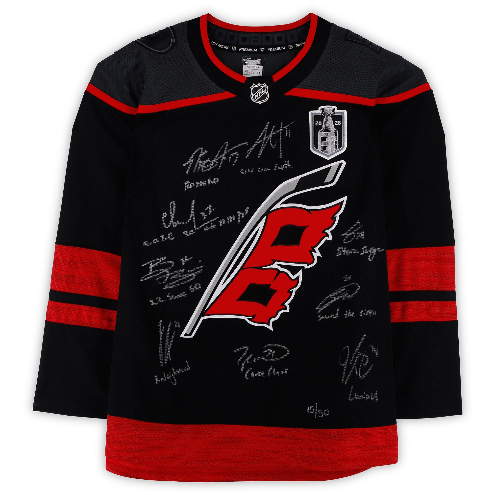 Maillot noir Fanatics Premium des Hurricanes de la Caroline, champions de la Coupe Stanley 2026, autographié et comportant de multiples signatures et inscriptions - Édition limitée à 50 exemplaires