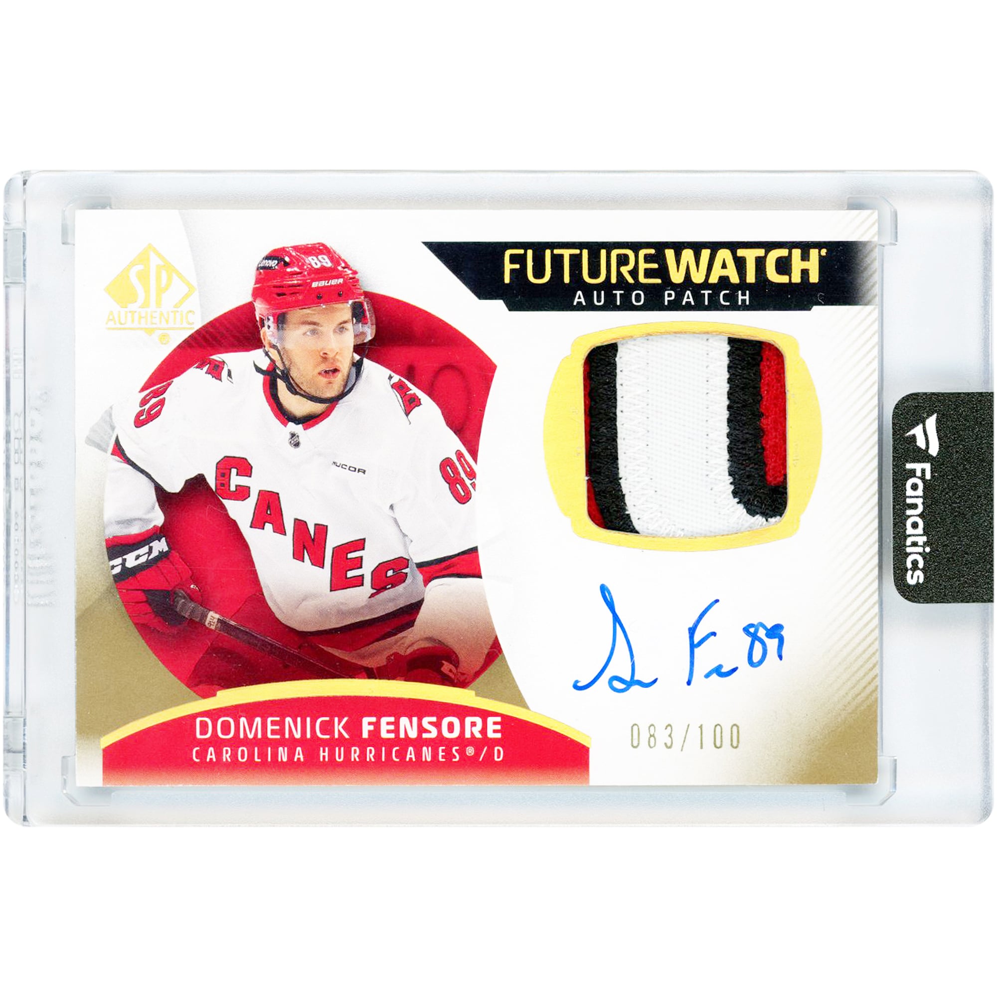 Carte de recrue autographiée de Domenick Fensore, Hurricanes de la Caroline, 2025-26, Upper Deck SP Authentic Future Watch Tri-Color Relic n° 156, n° 83/100