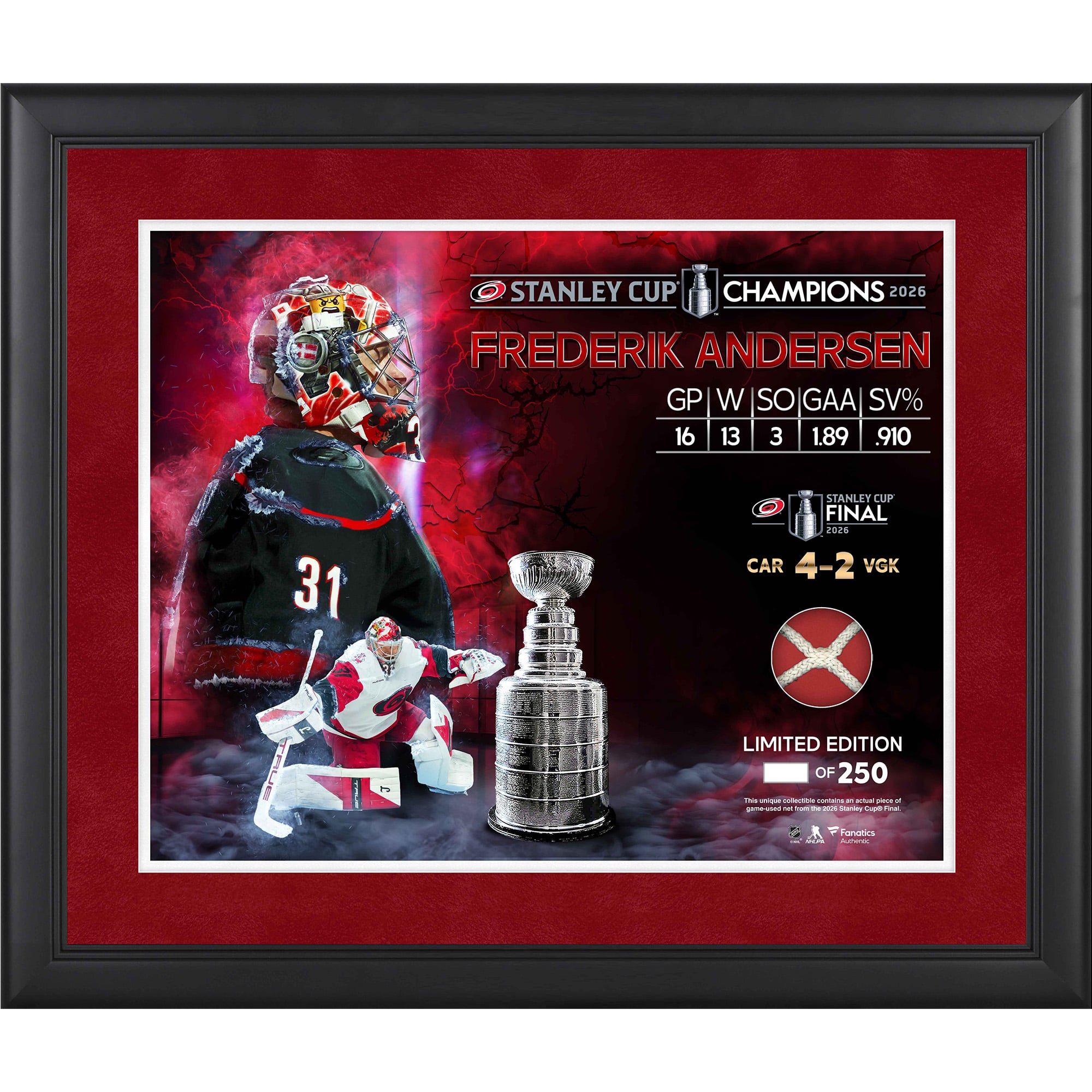 Collage encadré 16" x 20" de Frederik Andersen, représentant les Hurricanes de la Caroline, champions de la Coupe Stanley 2026, avec un morceau de filet utilisé lors de la finale de la Coupe Stanley 2026 - Édition limitée à 250 exemplaires