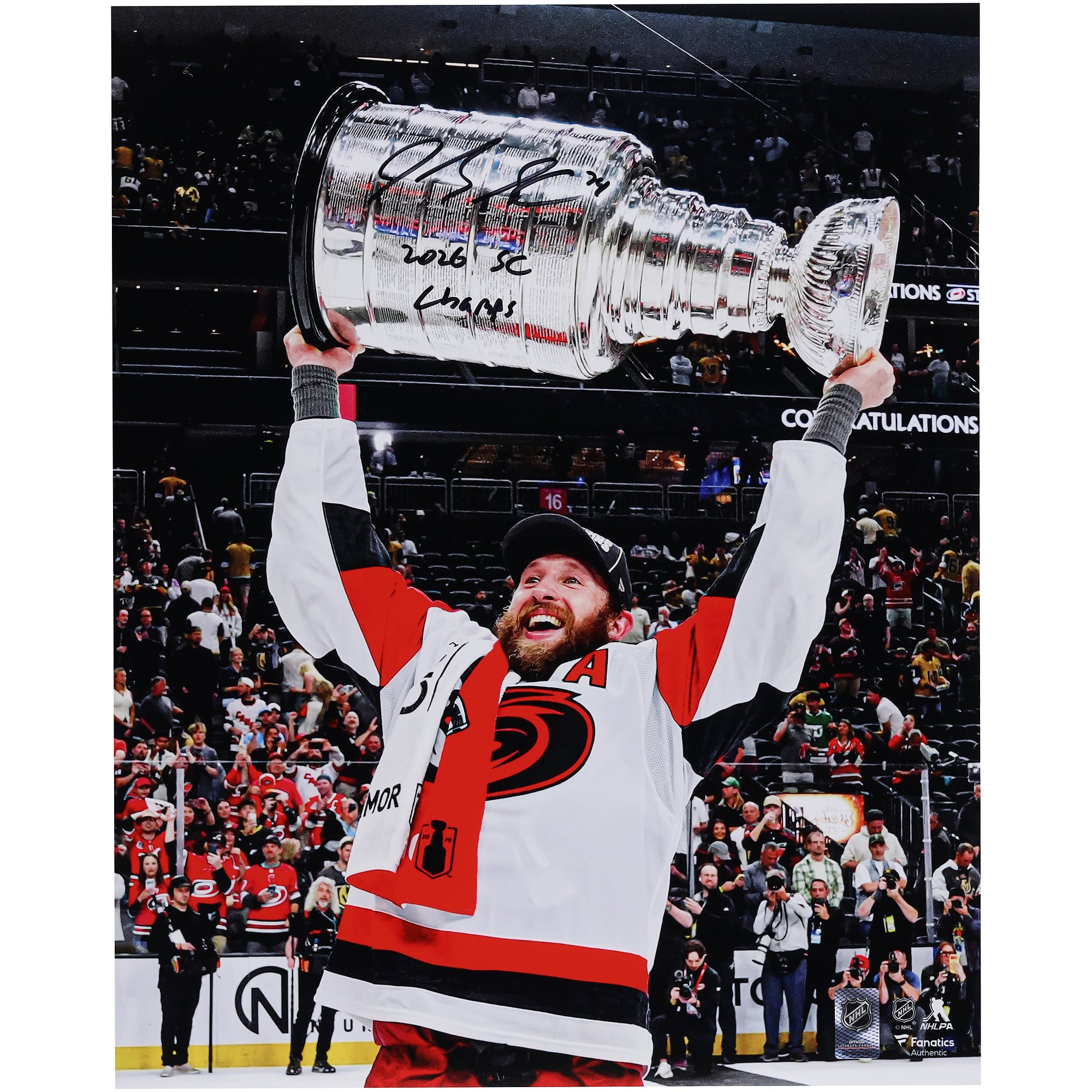 Jaccob Slavin Carolina Hurricanes Autographed 2026 Stanley Cup Champions 16" x 20" Raising Cup Photograph with "2026 SC Champs" Inscription