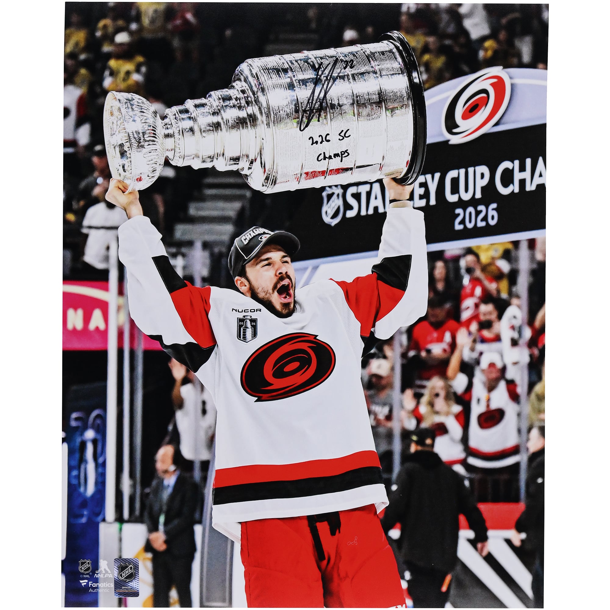 Logan Stankoven Carolina Hurricanes Autographed 2026 Stanley Cup Champions 16" x 20" Raising Cup Photograph with "2026 SC Champs" Inscription