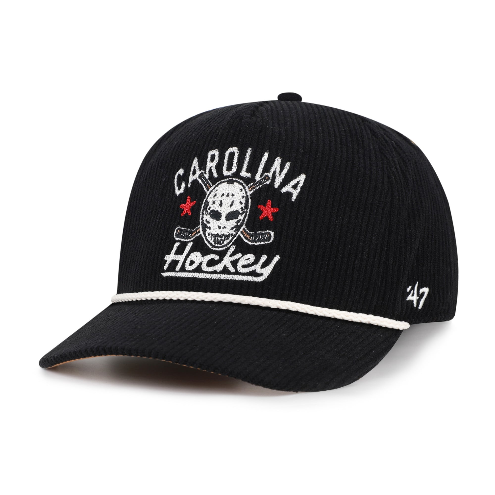 Masque de hockey Carolina Hurricanes noir pour homme, modèle 47, en velours côtelé avec boucle ajustable.