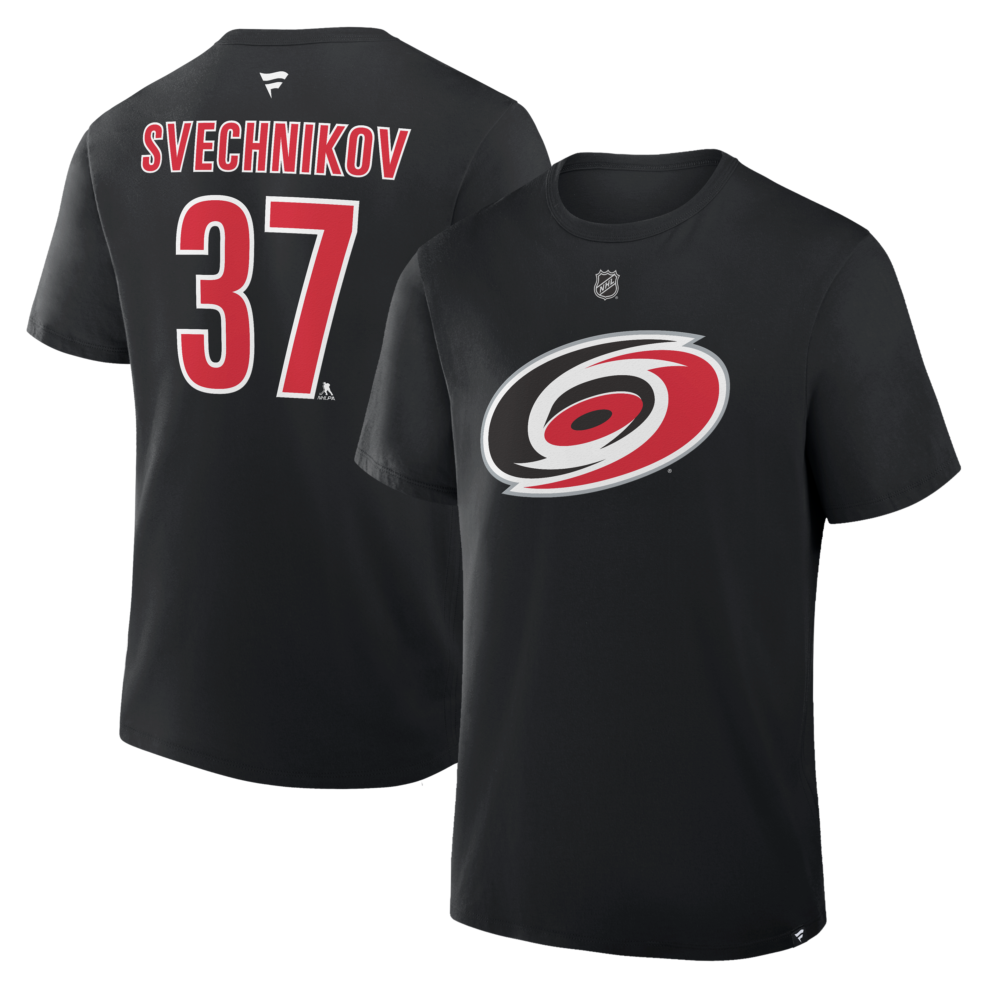 T-shirt authentique Fanatics Andrei Svechnikov noir des Hurricanes de la Caroline, avec nom et numéro.