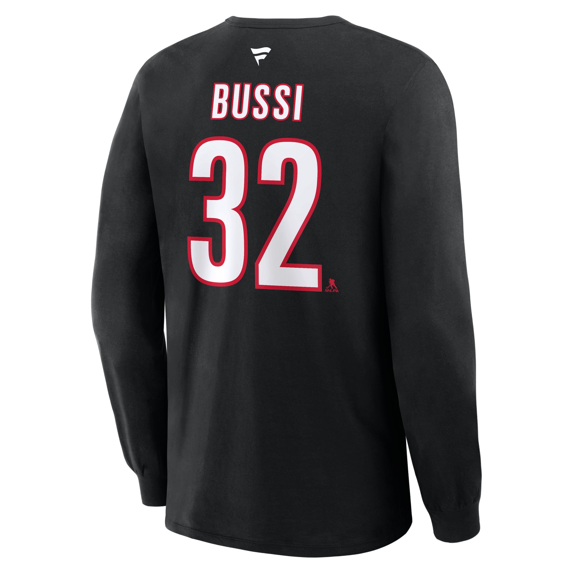 T-shirt à manches longues authentique Brandon Bussi noir des Hurricanes de la Caroline, marque Fanatics, avec nom et numéro.