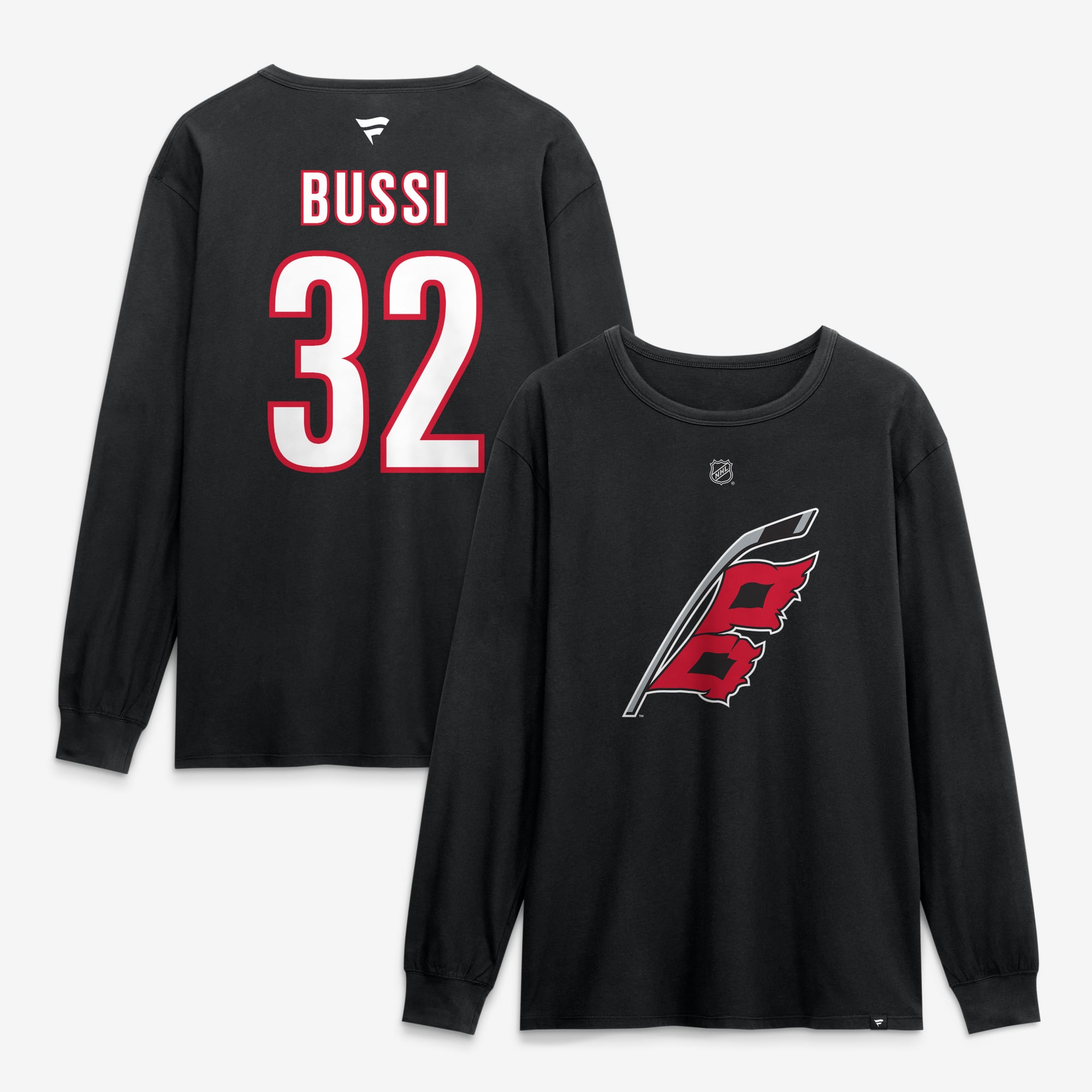 T-shirt à manches longues authentique Brandon Bussi noir des Hurricanes de la Caroline, marque Fanatics, avec nom et numéro.