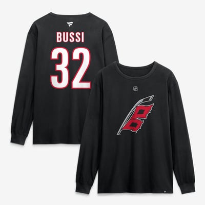 T-shirt à manches longues noir authentique Brandon Bussi des Hurricanes de la Caroline (Fanatics) avec nom et numéro.
