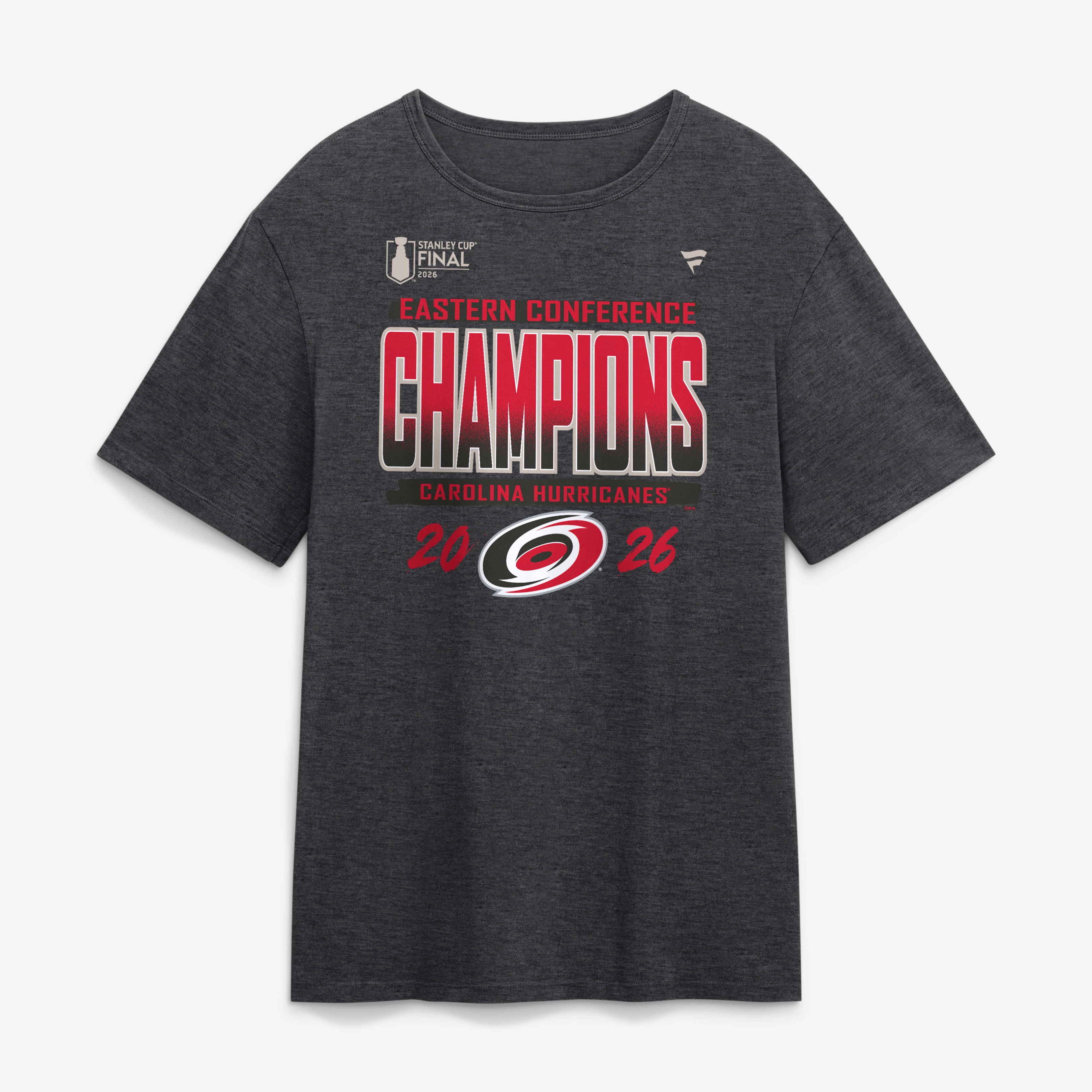 T-shirt Fanatics Heather Charcoal pour homme, Carolina Hurricanes, champions de la Conférence Est LNH 2026, vestiaire