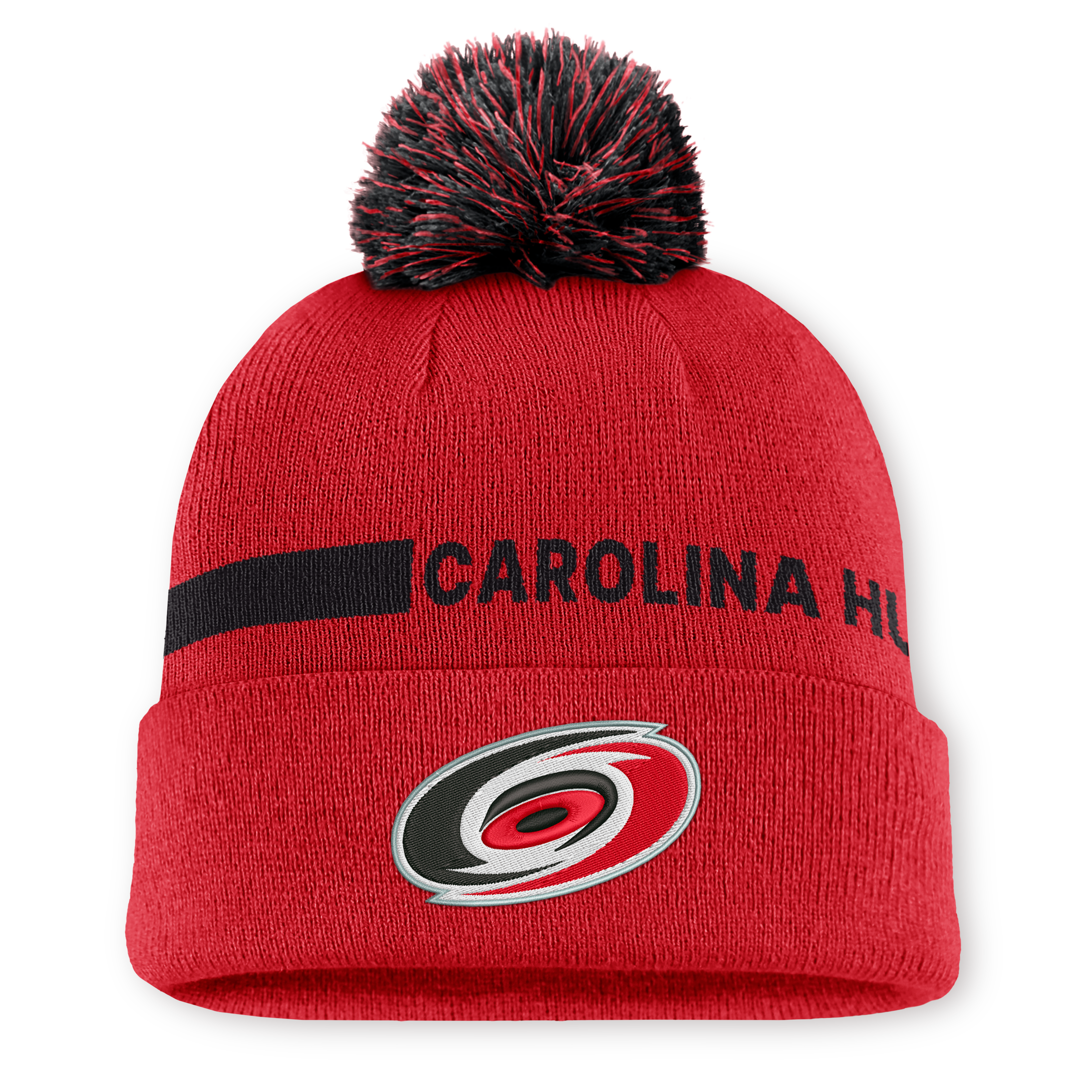 Bonnet tricoté authentique Pro Rink Fanatics rouge Carolina Hurricanes pour homme, avec pompon