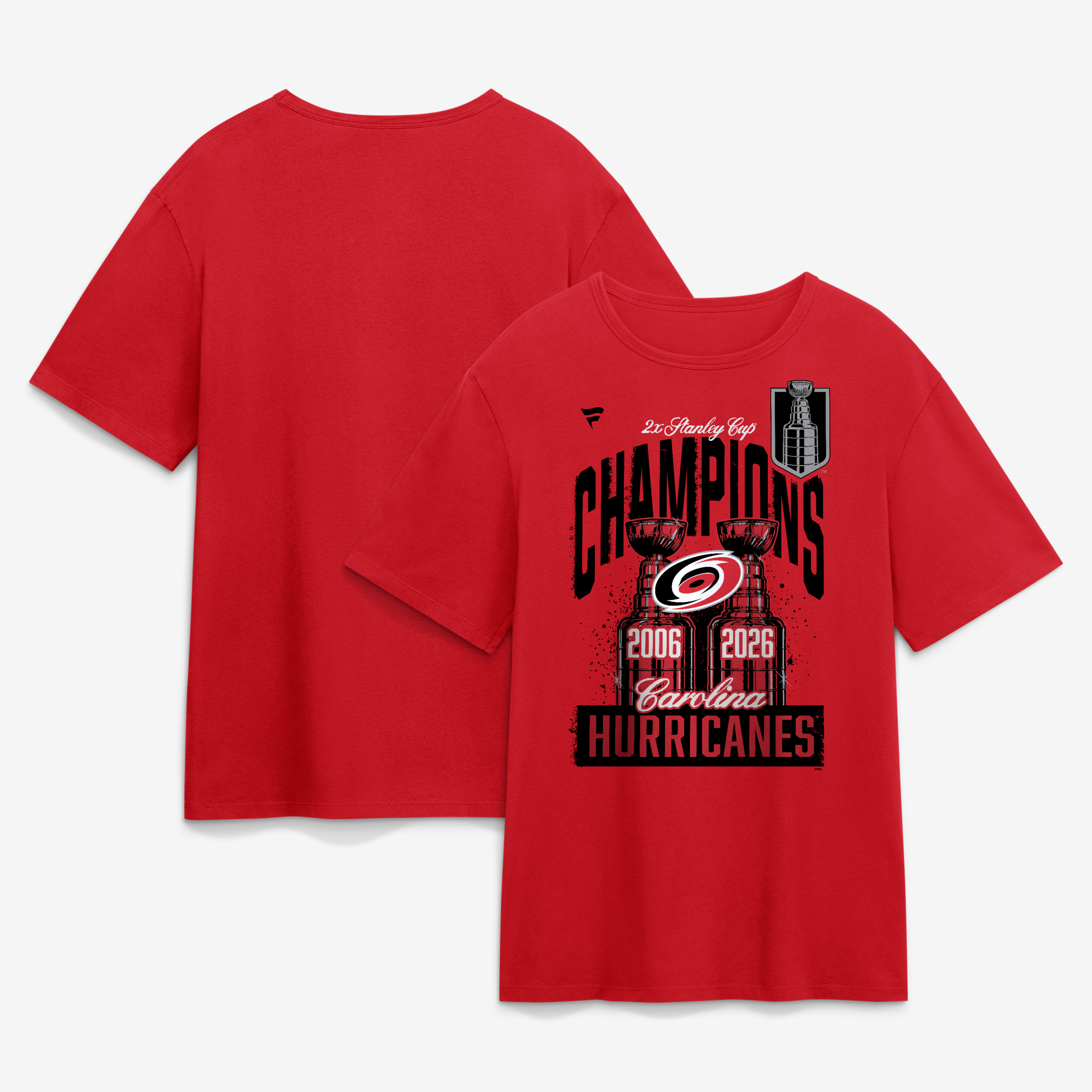 T-shirt Fanatics pour hommes, modèle « Red Carolina Hurricanes, doubles champions de la Coupe Stanley », commémoré et valorisé.