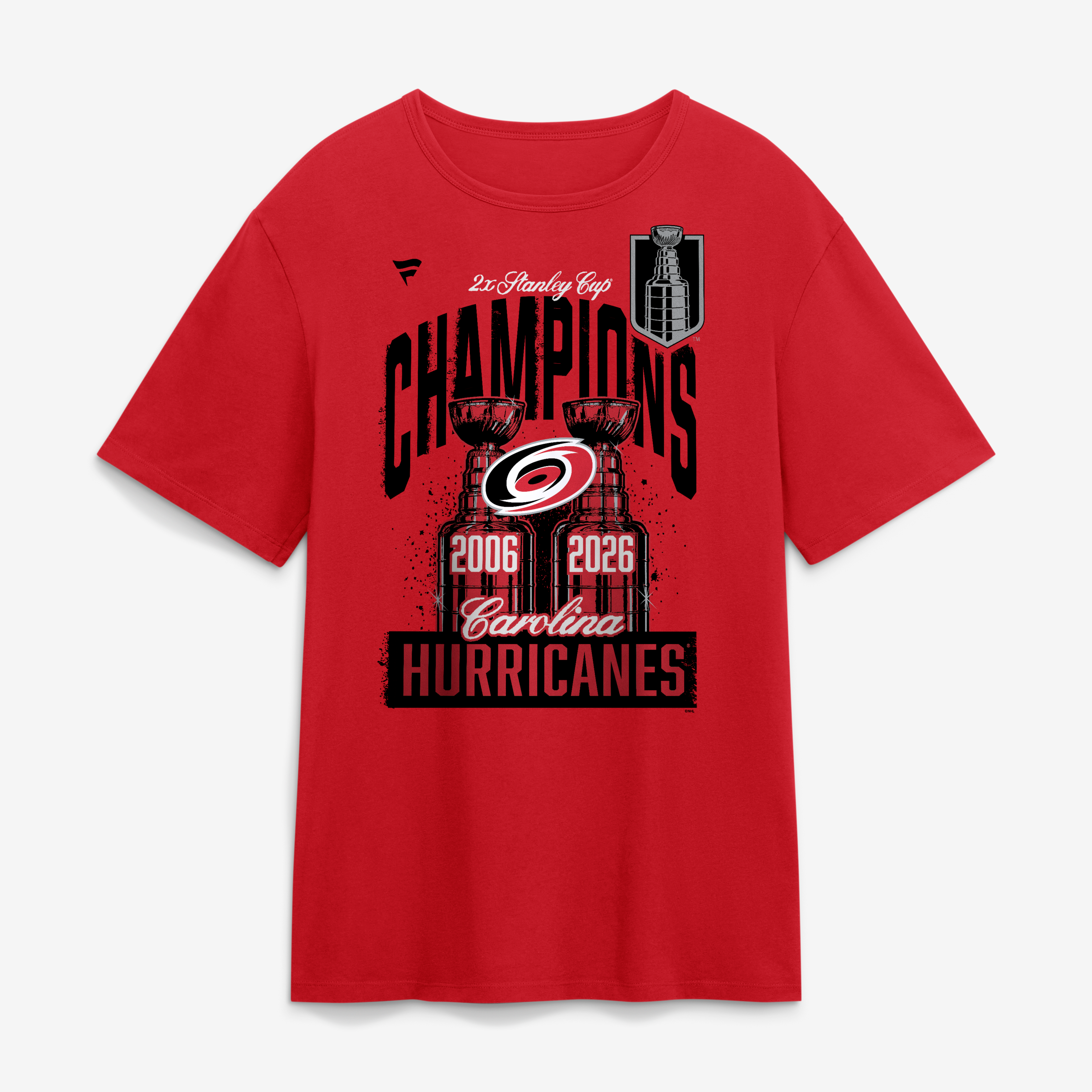 T-shirt Fanatics pour hommes, modèle « Red Carolina Hurricanes, doubles champions de la Coupe Stanley », commémoré et valorisé.