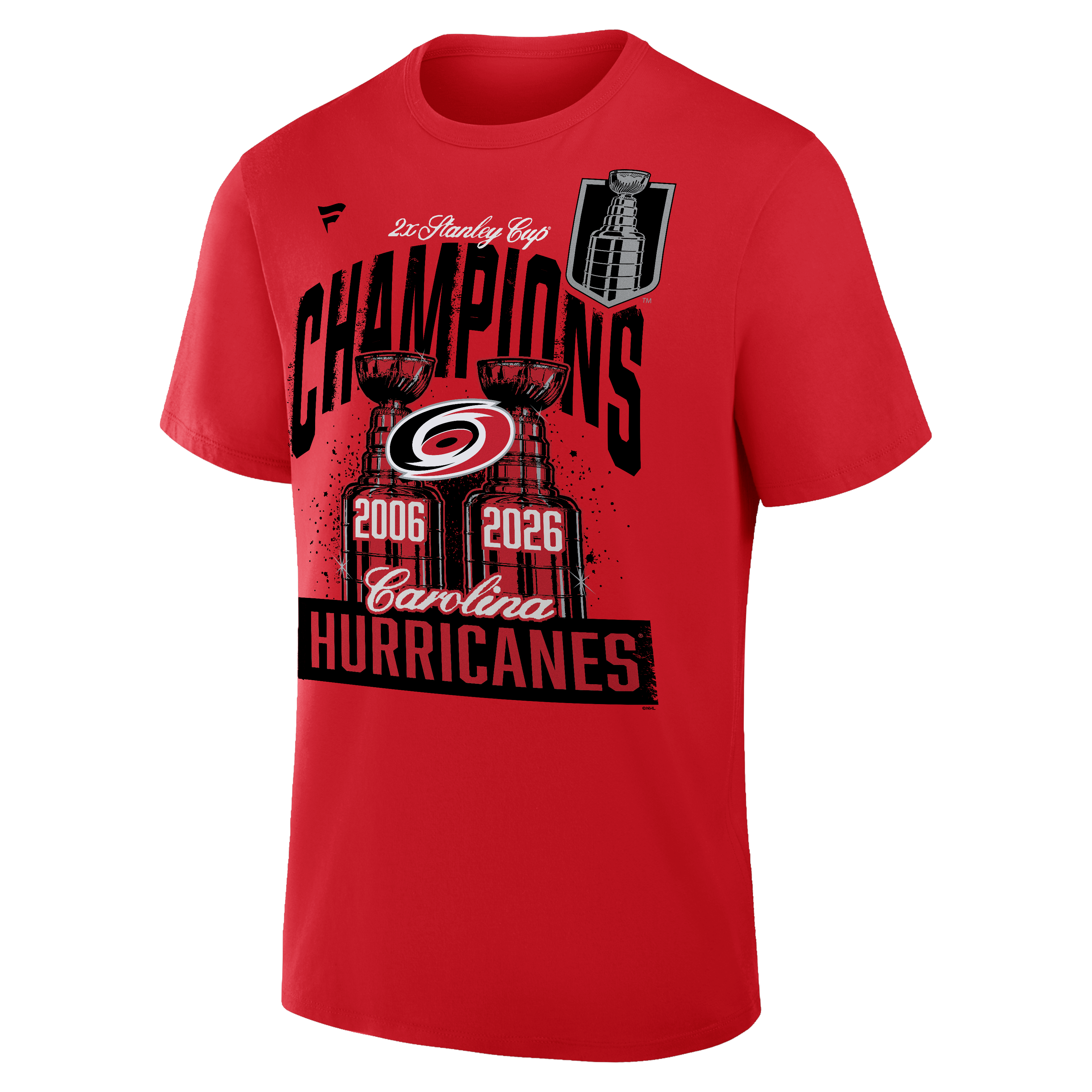 T-shirt Fanatics pour hommes, modèle « Red Carolina Hurricanes, doubles champions de la Coupe Stanley », commémoré et valorisé.