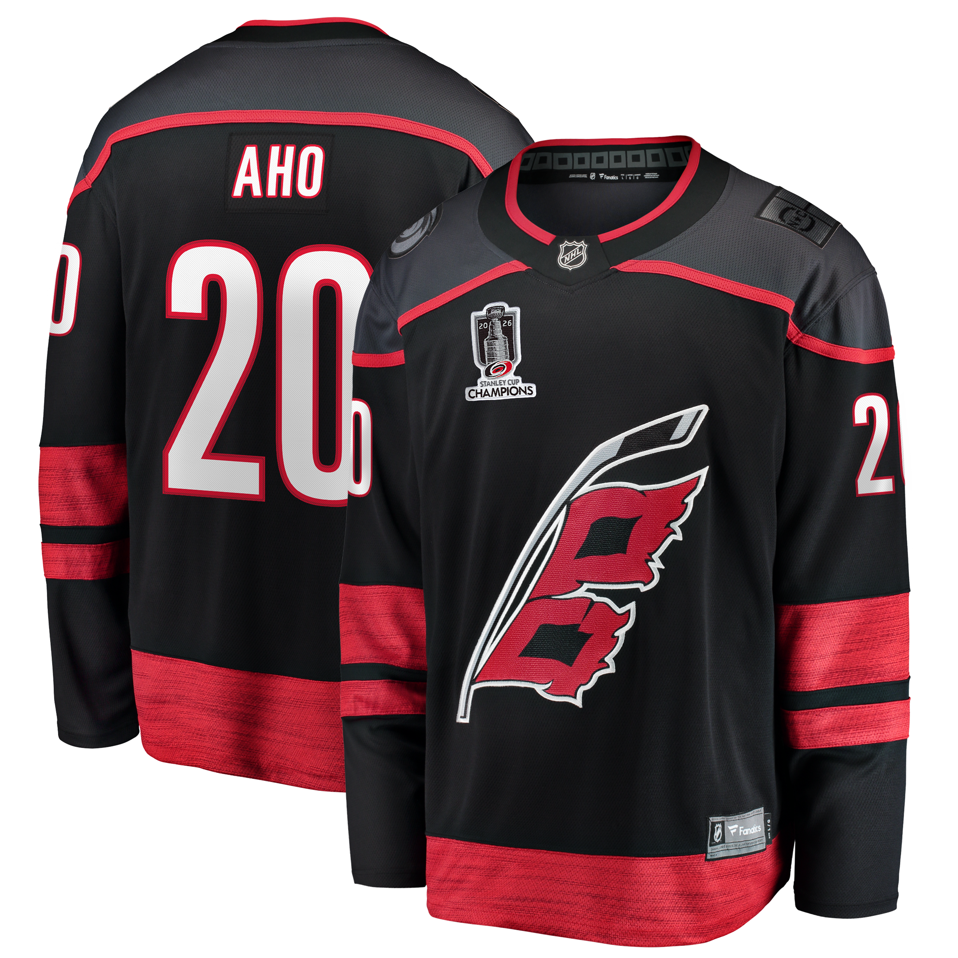 Men's Fanatics Sebastian Aho Black Carolina Hurricanes 2026 Stanley Cup Champions Home Breakaway Jersey