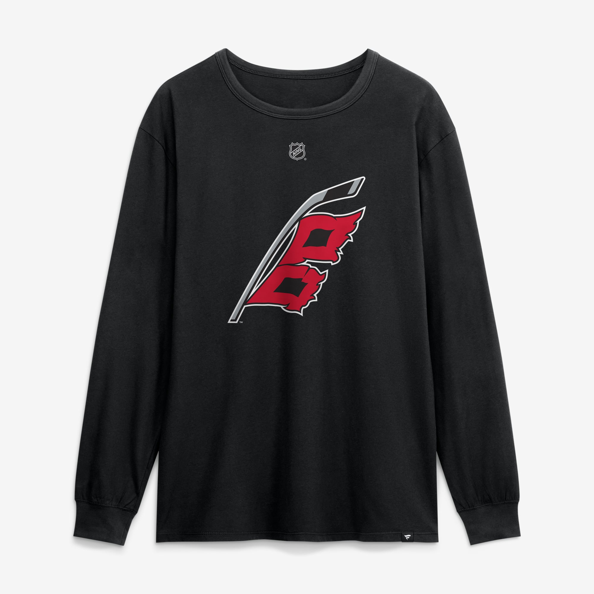 T-shirt à manches longues authentique Fanatics Sebastian Aho noir des Hurricanes de la Caroline, avec nom et numéro superposés.