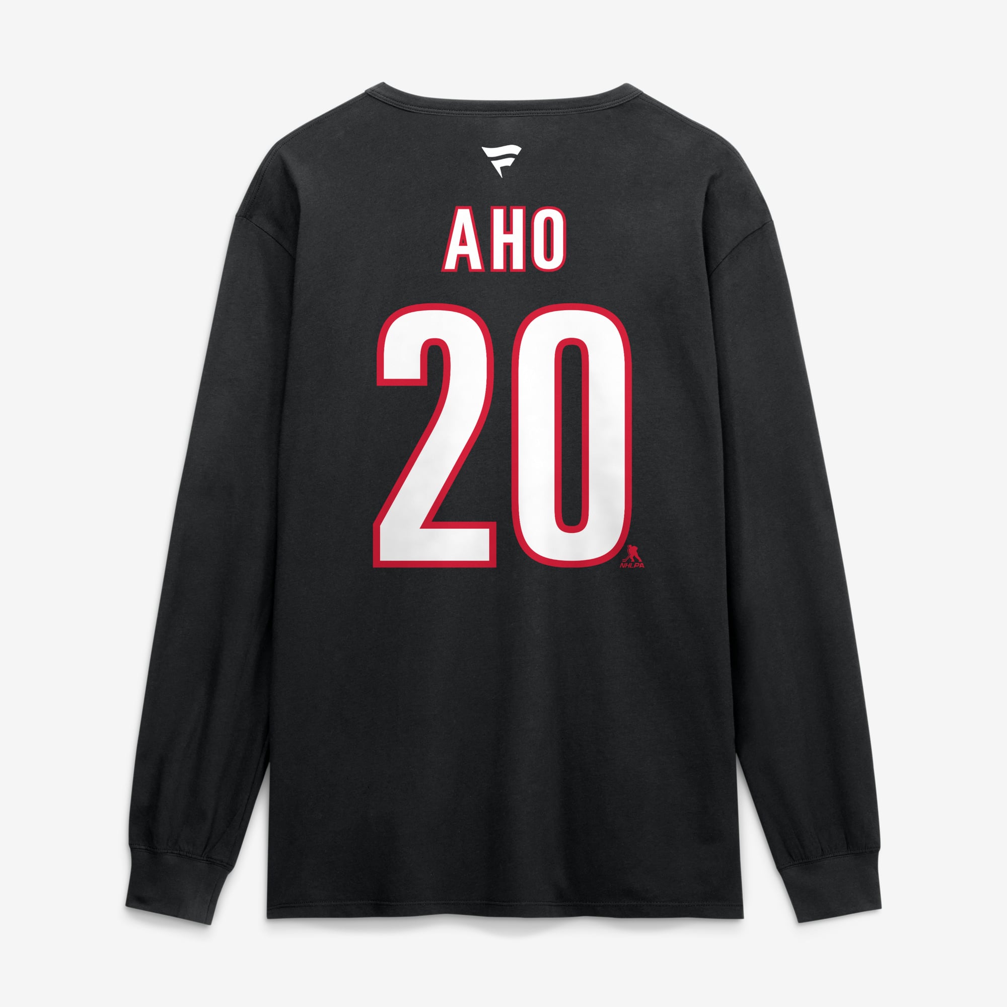 T-shirt à manches longues authentique Fanatics Sebastian Aho noir des Hurricanes de la Caroline, avec nom et numéro superposés.