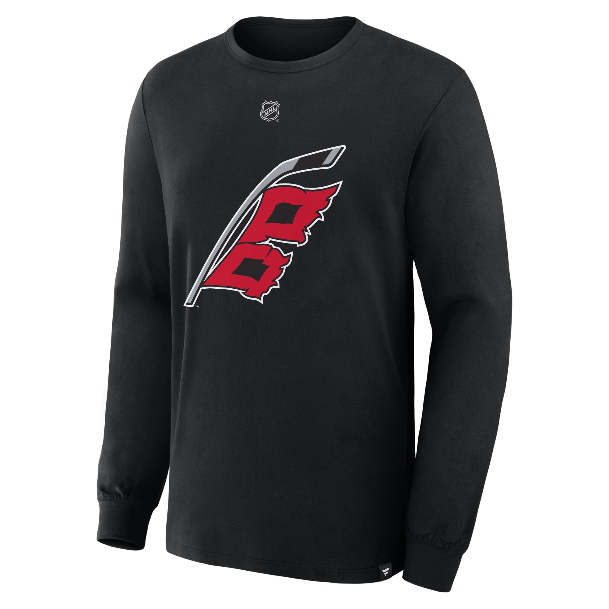 T-shirt à manches longues authentique Fanatics Sebastian Aho noir des Hurricanes de la Caroline, avec nom et numéro superposés.
