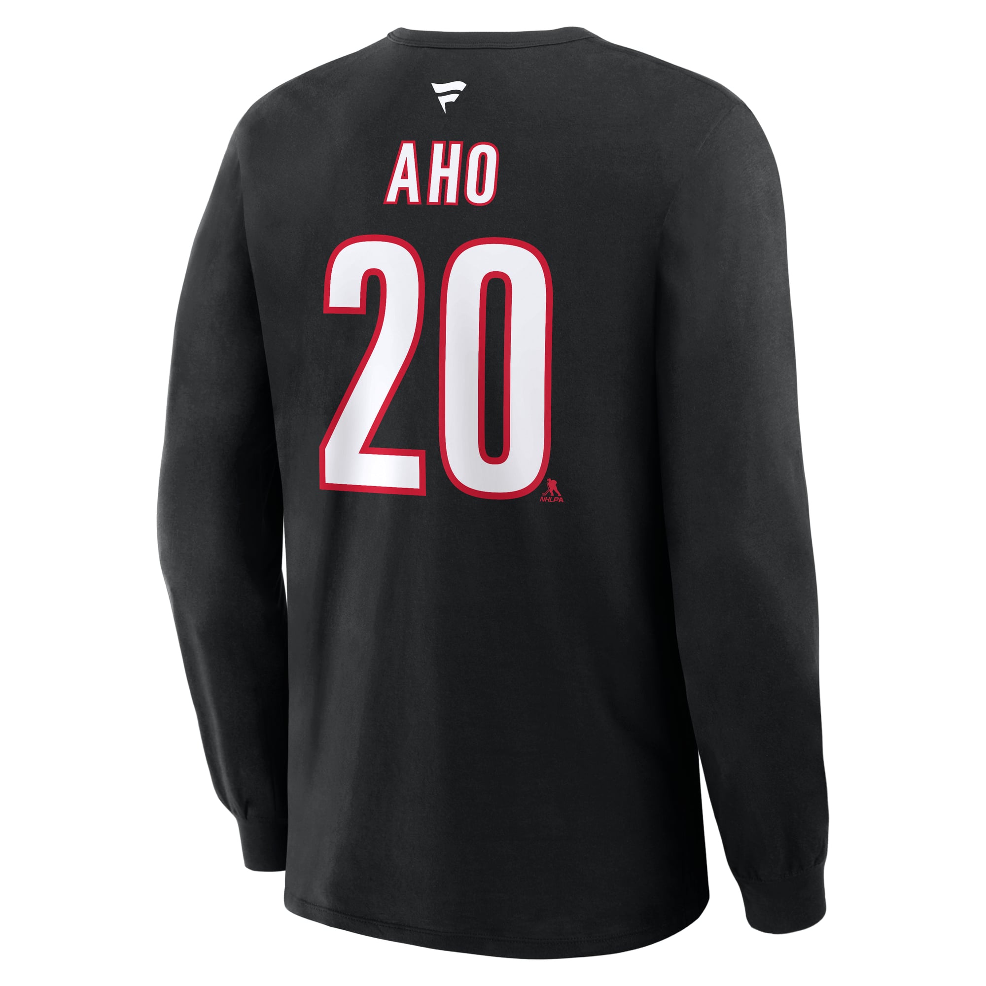 T-shirt à manches longues authentique Fanatics Sebastian Aho noir des Hurricanes de la Caroline, avec nom et numéro superposés.