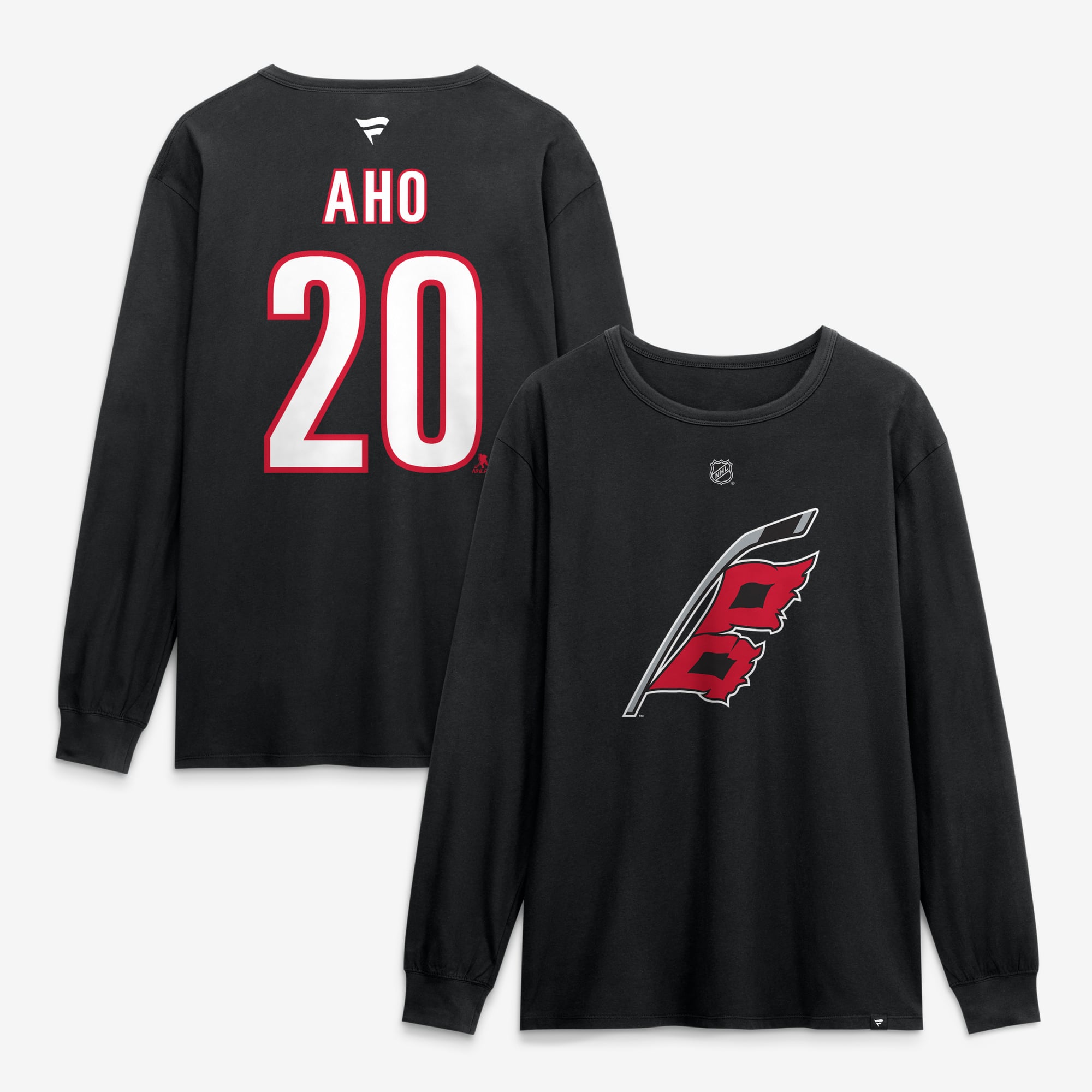 T-shirt à manches longues authentique Fanatics Sebastian Aho noir des Hurricanes de la Caroline, avec nom et numéro superposés.