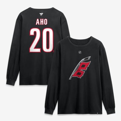 T-shirt à manches longues noir authentique Fanatics Sebastian Aho des Hurricanes de la Caroline, avec nom et numéro.
