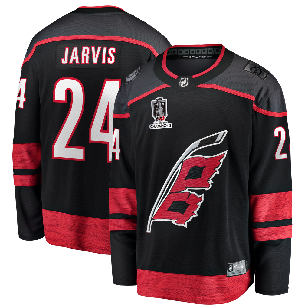 Maillot domicile noir des Hurricanes de la Caroline, Seth Jarvis, champions de la Coupe Stanley 2026, collection Fanatics.