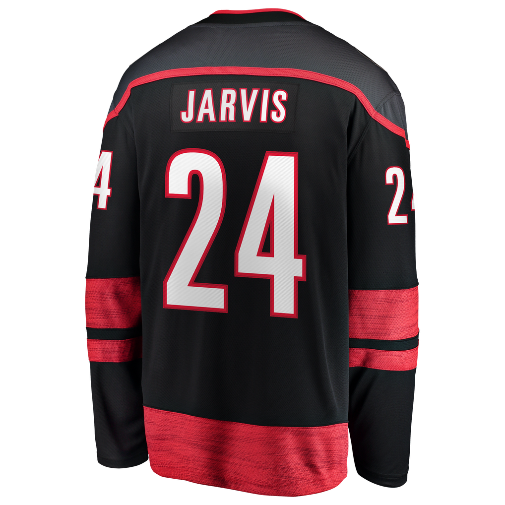 Maillot domicile noir des Hurricanes de la Caroline, Seth Jarvis, champions de la Coupe Stanley 2026, collection Fanatics.