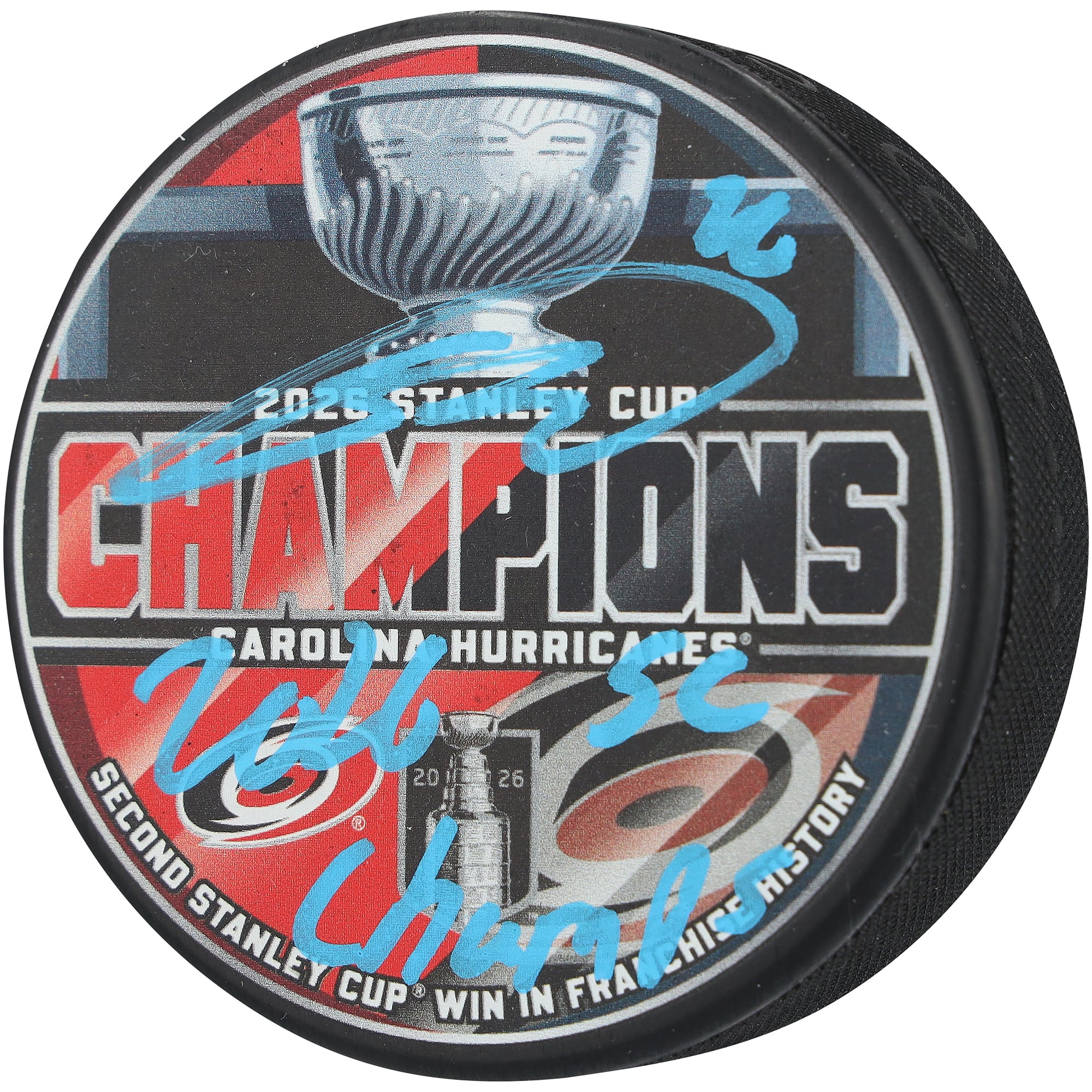 Sebastian Aho Carolina Hurricanes Autographed 2026 Stanley Cup Champions Hockey Puck with "2026 SC Champs" Inscription