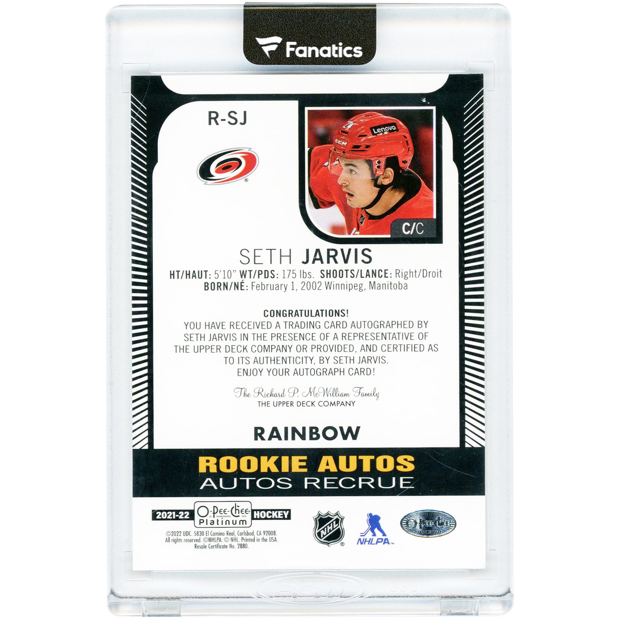 Carte de recrue autographiée Seth Jarvis des Hurricanes de la Caroline 2021-22 O-Pee-Chee Platinum Rainbow #R-SJ