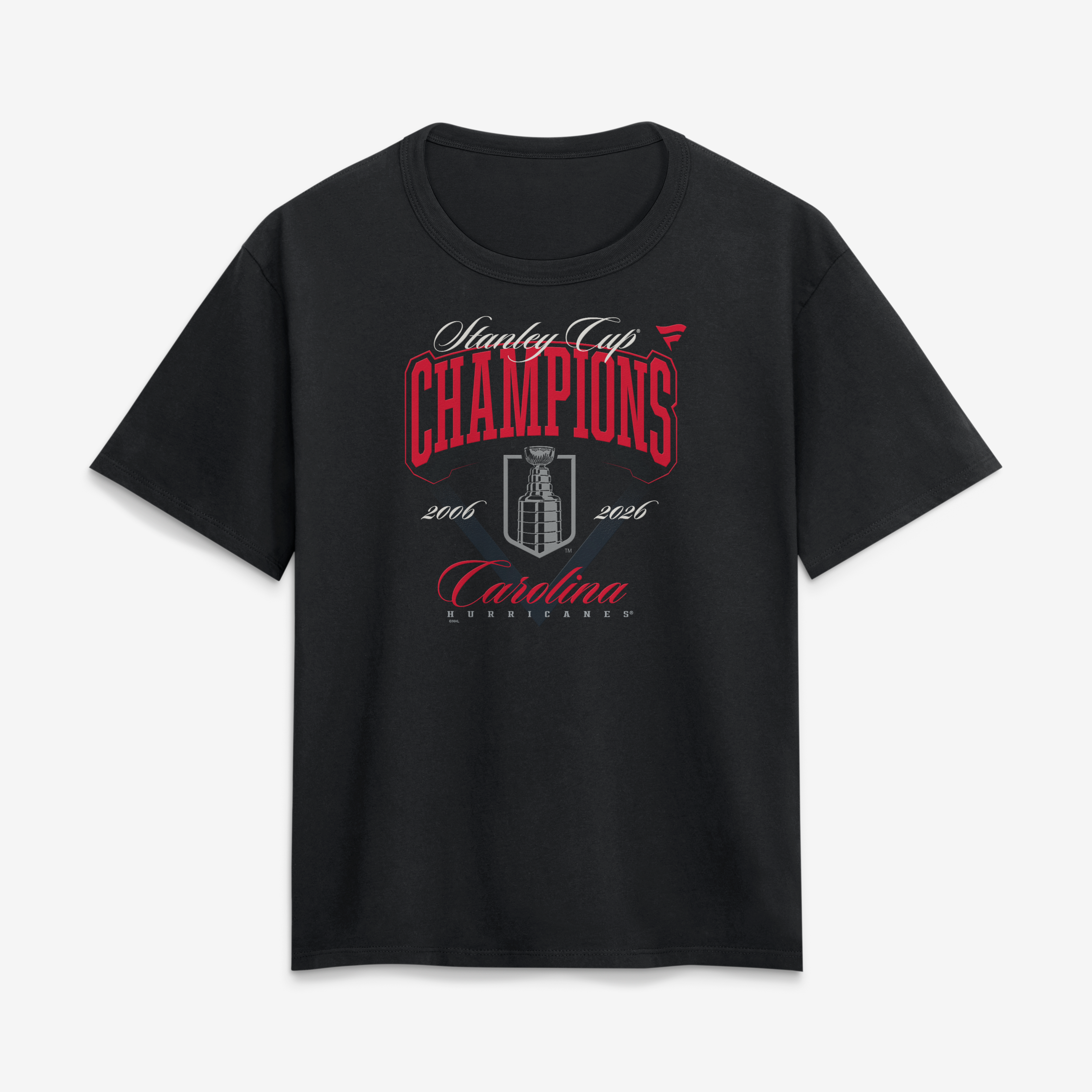 T-shirt Fanatics noir pour femmes, Carolina Hurricanes, champions de la Coupe Stanley, cérémonie levée bannière