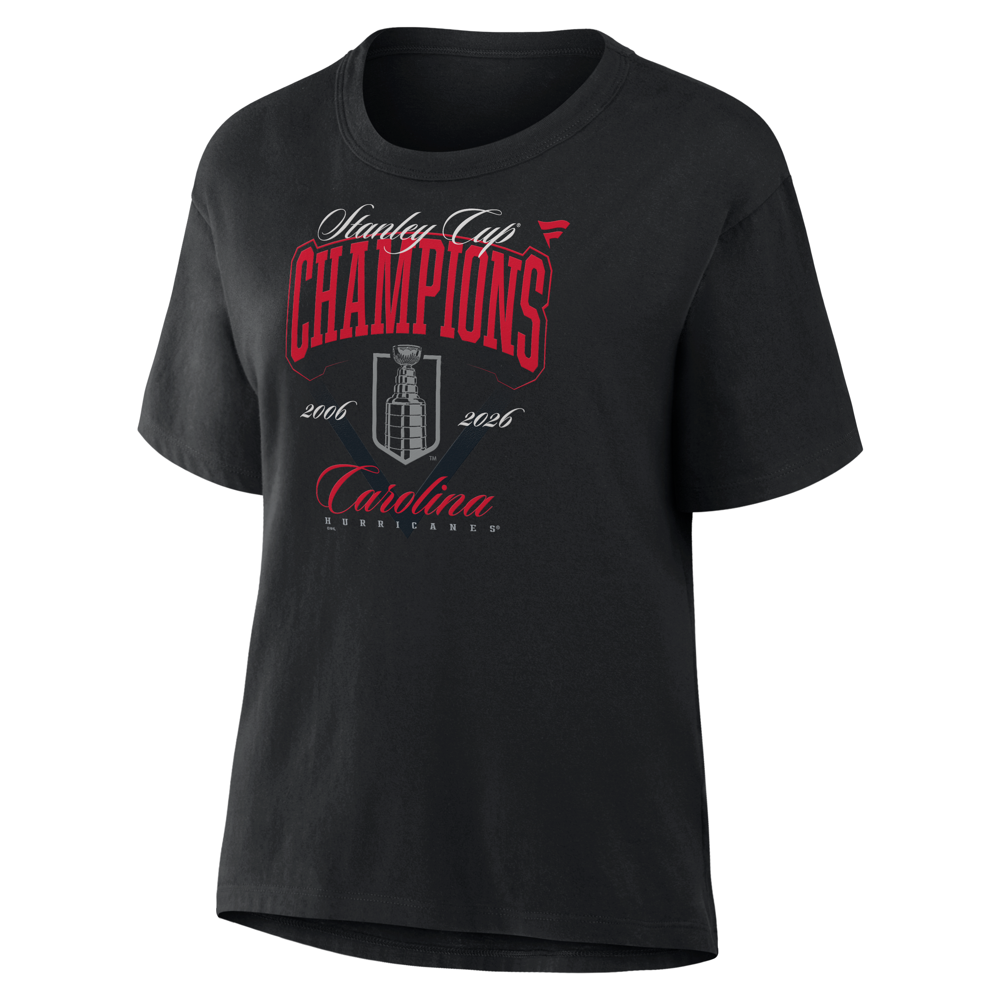 T-shirt Fanatics noir pour femmes, Carolina Hurricanes, champions de la Coupe Stanley, cérémonie levée bannière