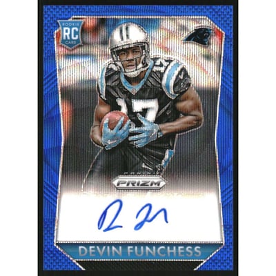 2015 Panini Prizm Rookie Autographs Prizms Light Blue Wave #RSDF Devin Funchess/99