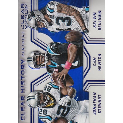 2016 Panini Clear Vision Clear History Blue #15 Cam Newton/Jonathan Stewart/Kelvin Benjamin