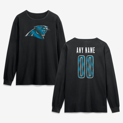 Carolina Panthers  Metallic Mascot Personalized Name & Number Long Sleeve T-Shirt - Black