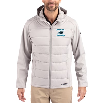 Carolina Panthers Cutter & Buck Evoke Hybrid Eco Softshell Recycled Full-Zip Hoodie Jacket - Light Gray