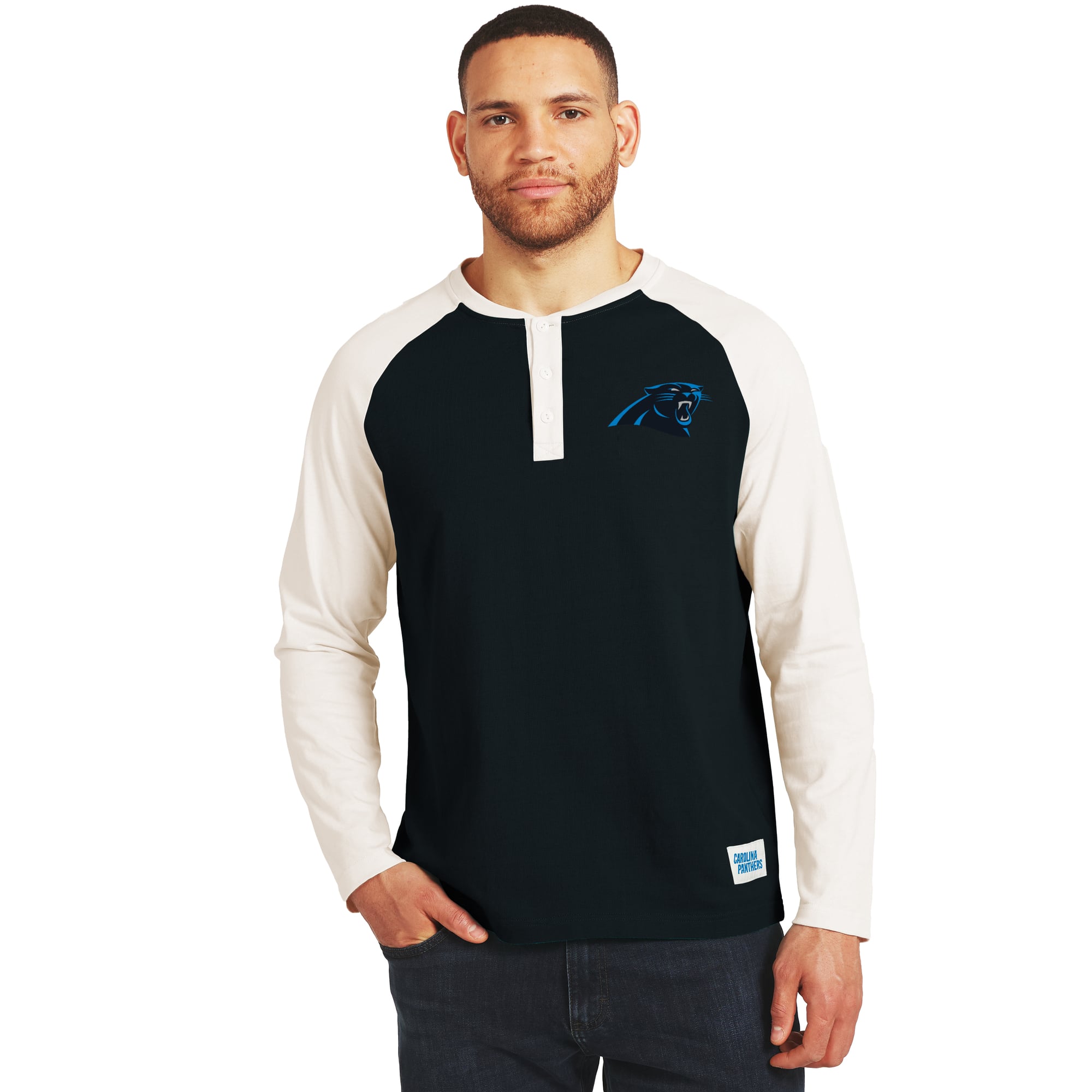 Men's Darius Rucker Collection by Fanatics Black/Cream Carolina Panthers Henley Long Sleeve T-Shirt