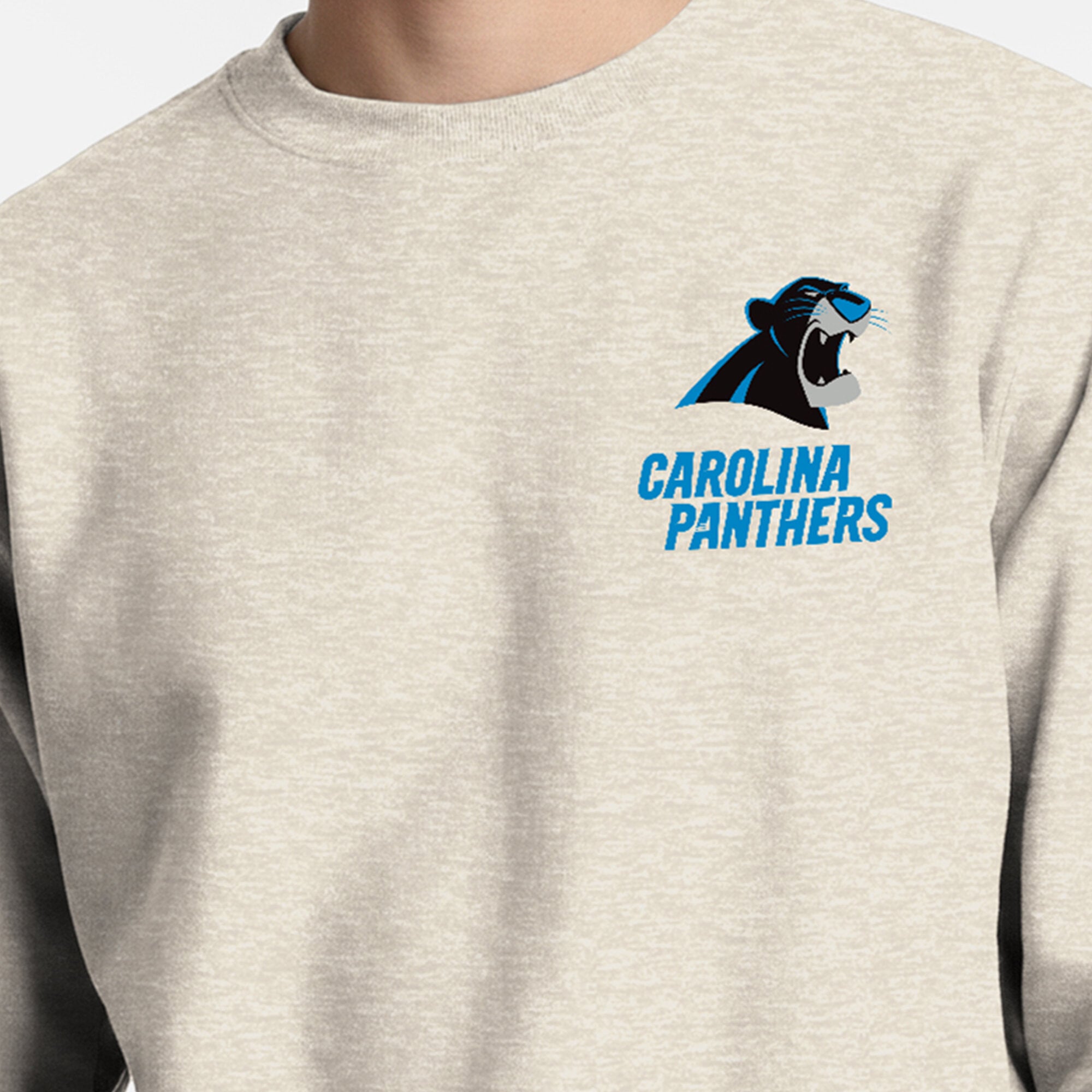 Sweat-shirt à col rond pour homme Disney x Champion, couleur avoine, Carolina Panthers, Powerblend, poitrine gauche et dos.