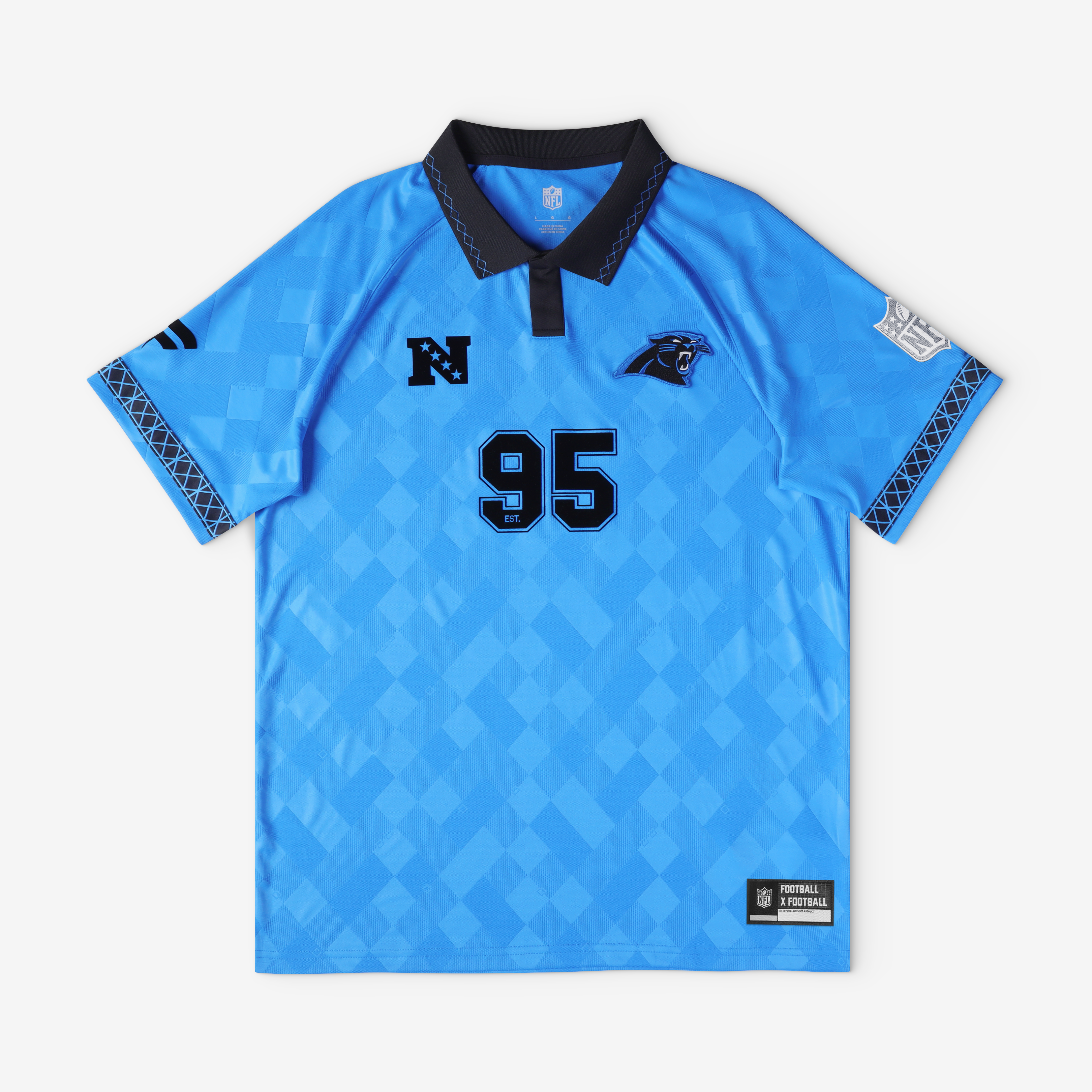 T-shirt de supporter des Panthers la Caroline bleu pour homme, style football américain, avec col montant.