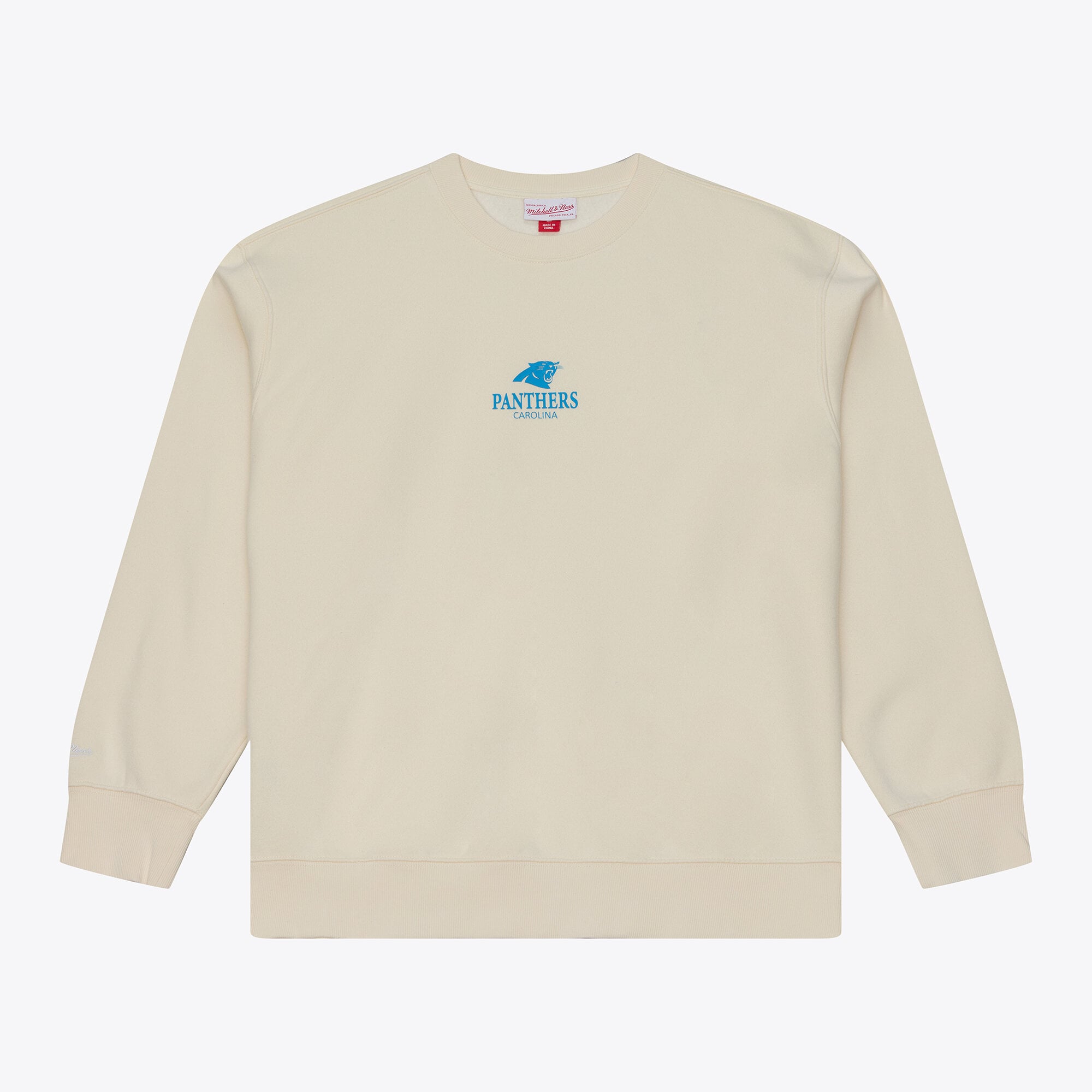 Men's Mitchell & Ness Cream Carolina Panthers Core Essentials Micro Logo Fleece Sweatshirt