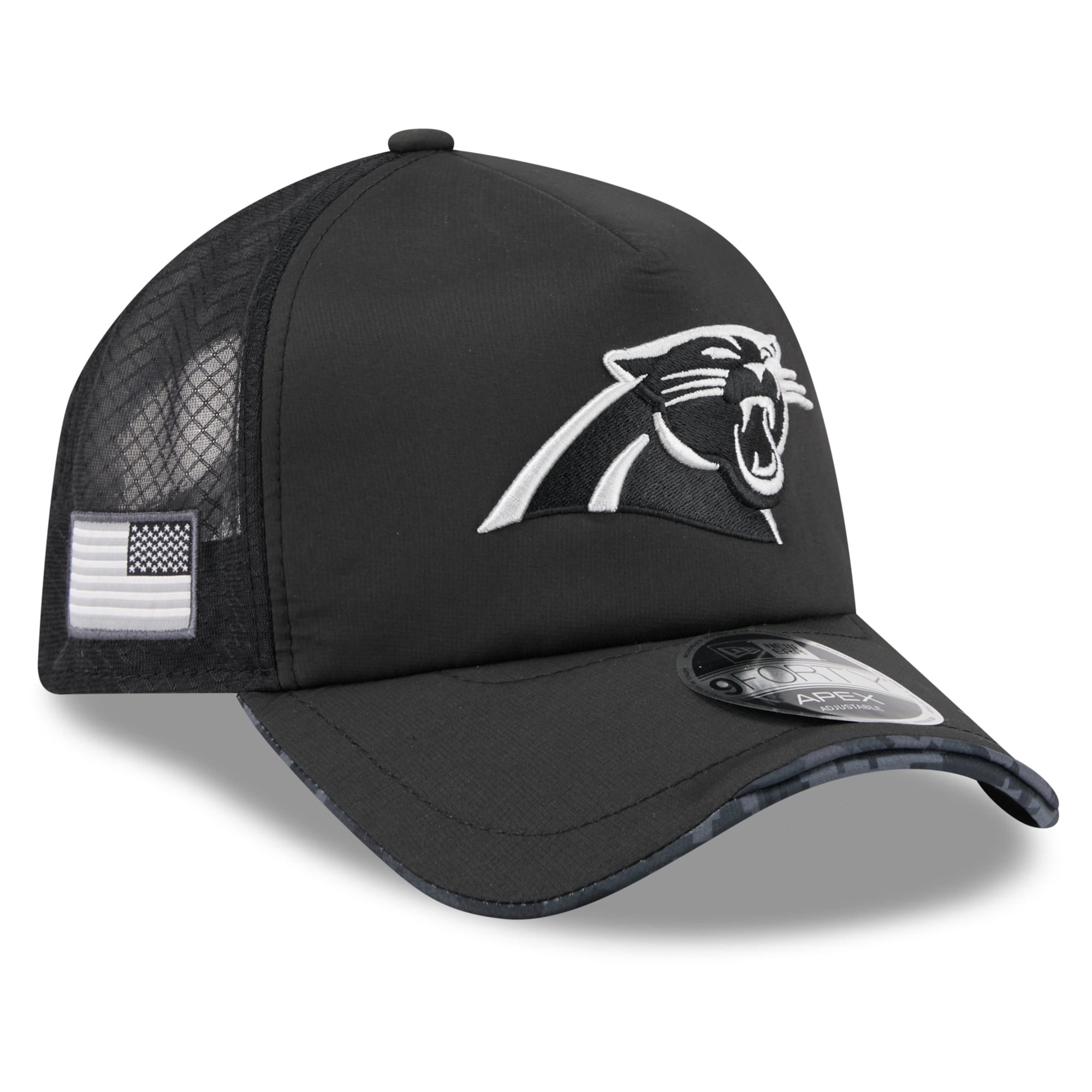 Casquette trucker ajustable New Era Apex 9FORTY noire Carolina Panthers 2026 Salute To Service pour homme