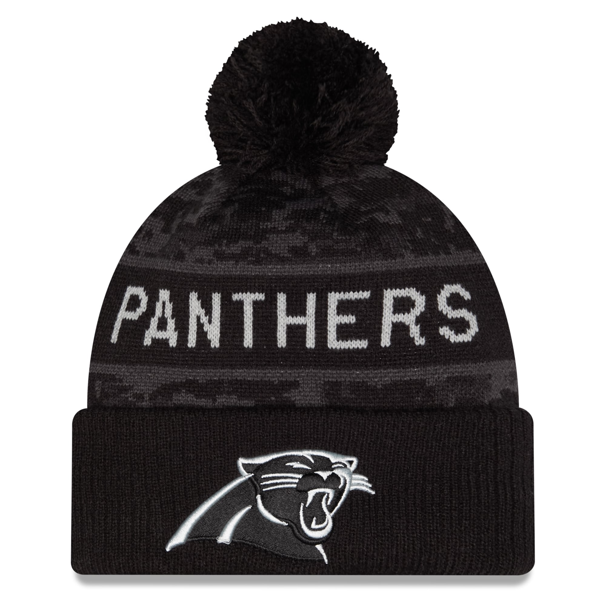Bonnet à revers pour homme New Era noir Carolina Panthers 2026 Salute To Service avec pompon