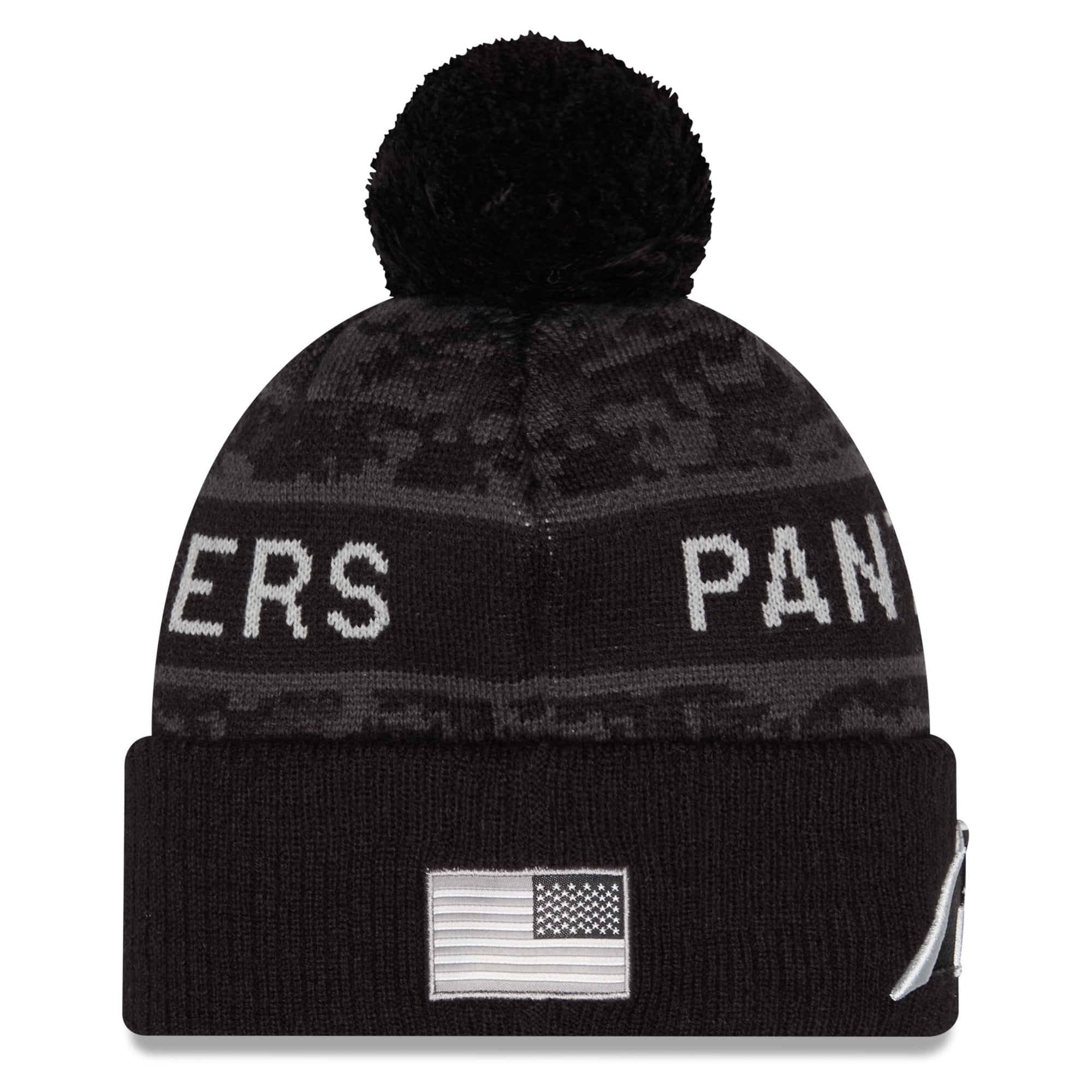 Bonnet à revers pour homme New Era noir Carolina Panthers 2026 Salute To Service avec pompon