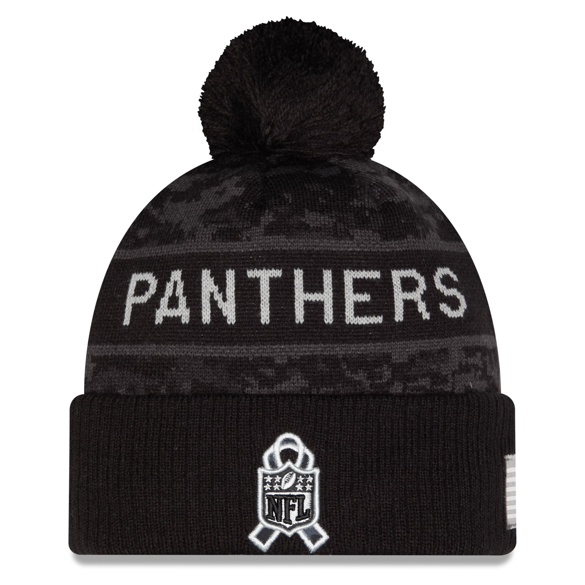 Bonnet à revers pour homme New Era noir Carolina Panthers 2026 Salute To Service avec pompon